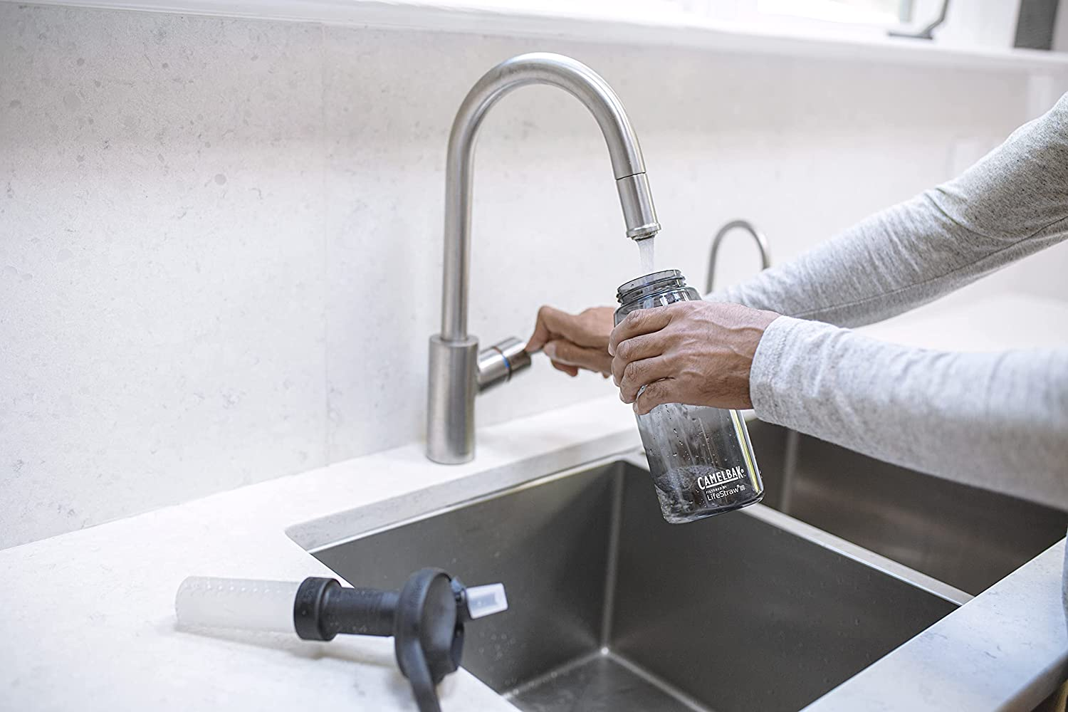 Camelbak Eddy+ Water Filter Water Bottle by Lifestraw Integrated 2-Stage Filter Straw - for Hiking, Backpacking, Travel, and Emergency Preparedness - 1L Tritan Renew, Charcoal