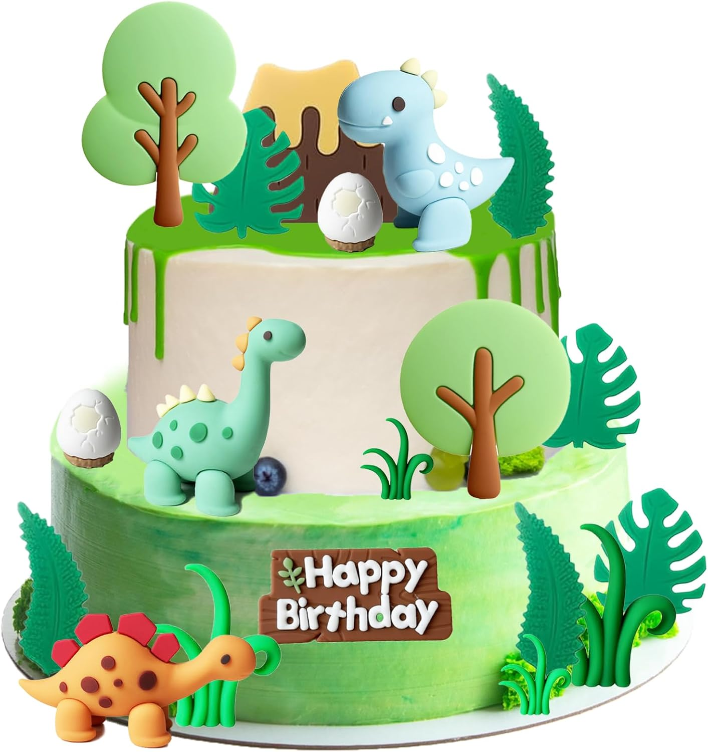 SAYHALO 21PCS Dinosaur Cake Decorations, PVC Dinosaur Eggs & Trees Cake Toppers for Kids Birthday Party, Dinosaur Cake Toppers Happy Birthday image number 4