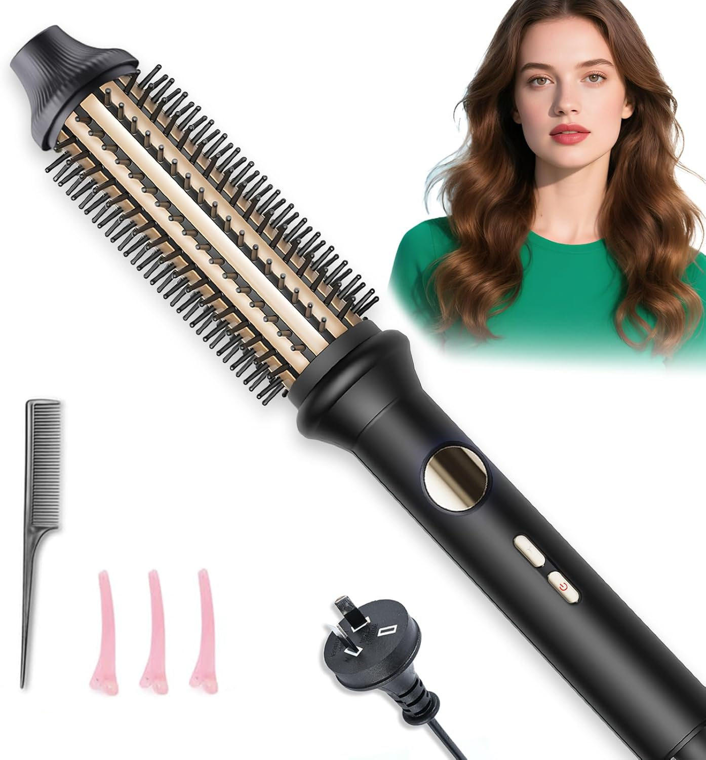 Thermal Brush, Curling Iron for Long Dry Hair, 110-220V Heated round Brush with 10 Temp Settings, 30S Fast Heat for Curling & Volumizing & Straightener, Anti-Scald Nylon Bristles，Au Plug