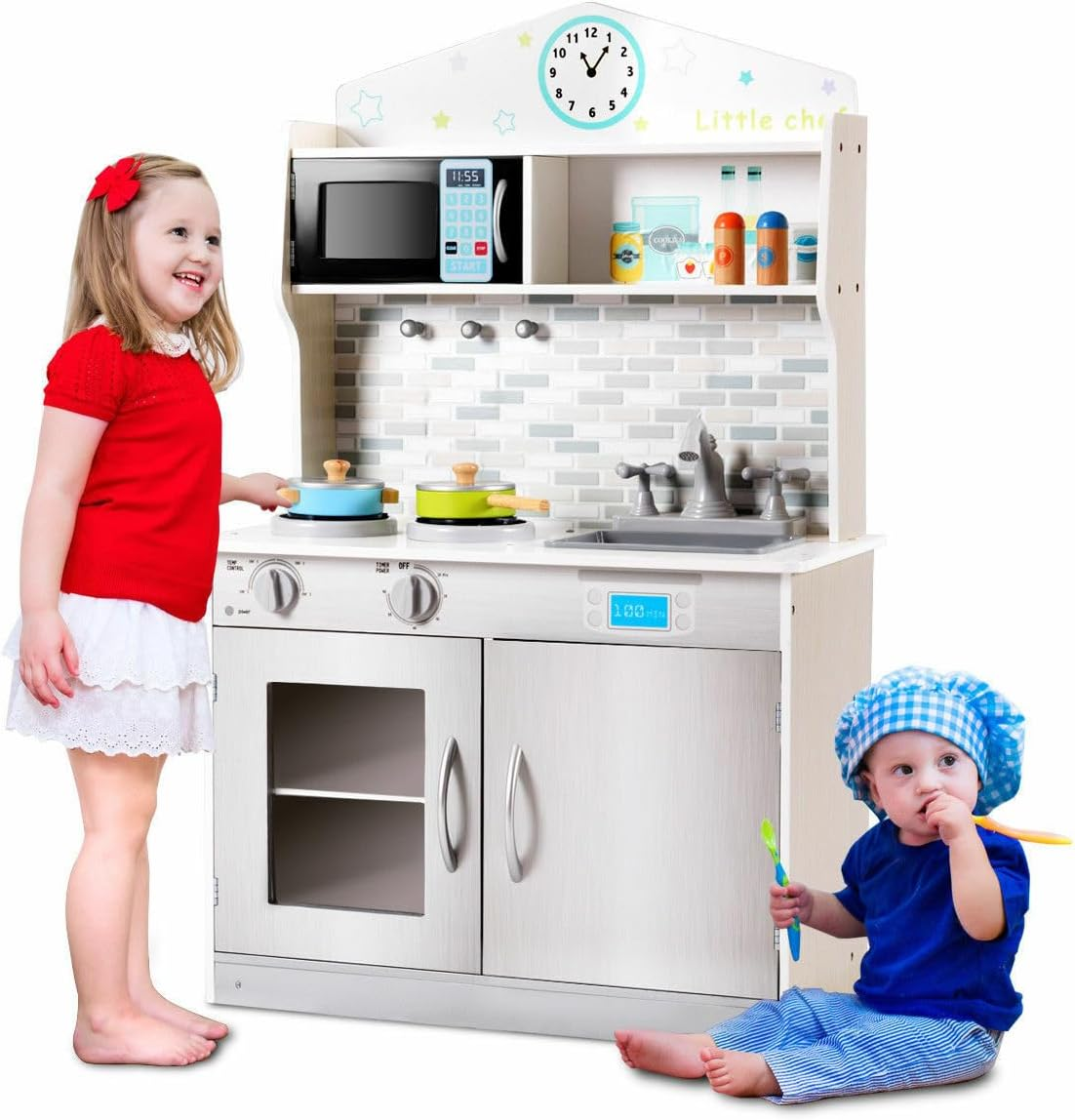 HONEY JOY Kids Kitchen Playset, Pretend Chef Cooking Play Set for Children with Microwave, Pan, Sink, Storage Cabinet, Stove, Cookware Accessories Kitchen Play Toy Set for Boys Girls (Silver)