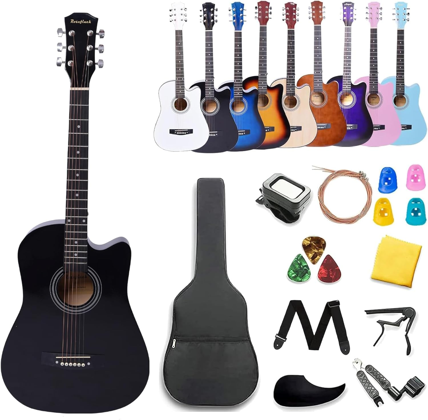 30 Inch Classical Guitar Kits for Beginner Kids & Adults Rosefinch 6-String Acoustic Guitar with Bag Capo Strap Picks Tuner Nylon String (Black)