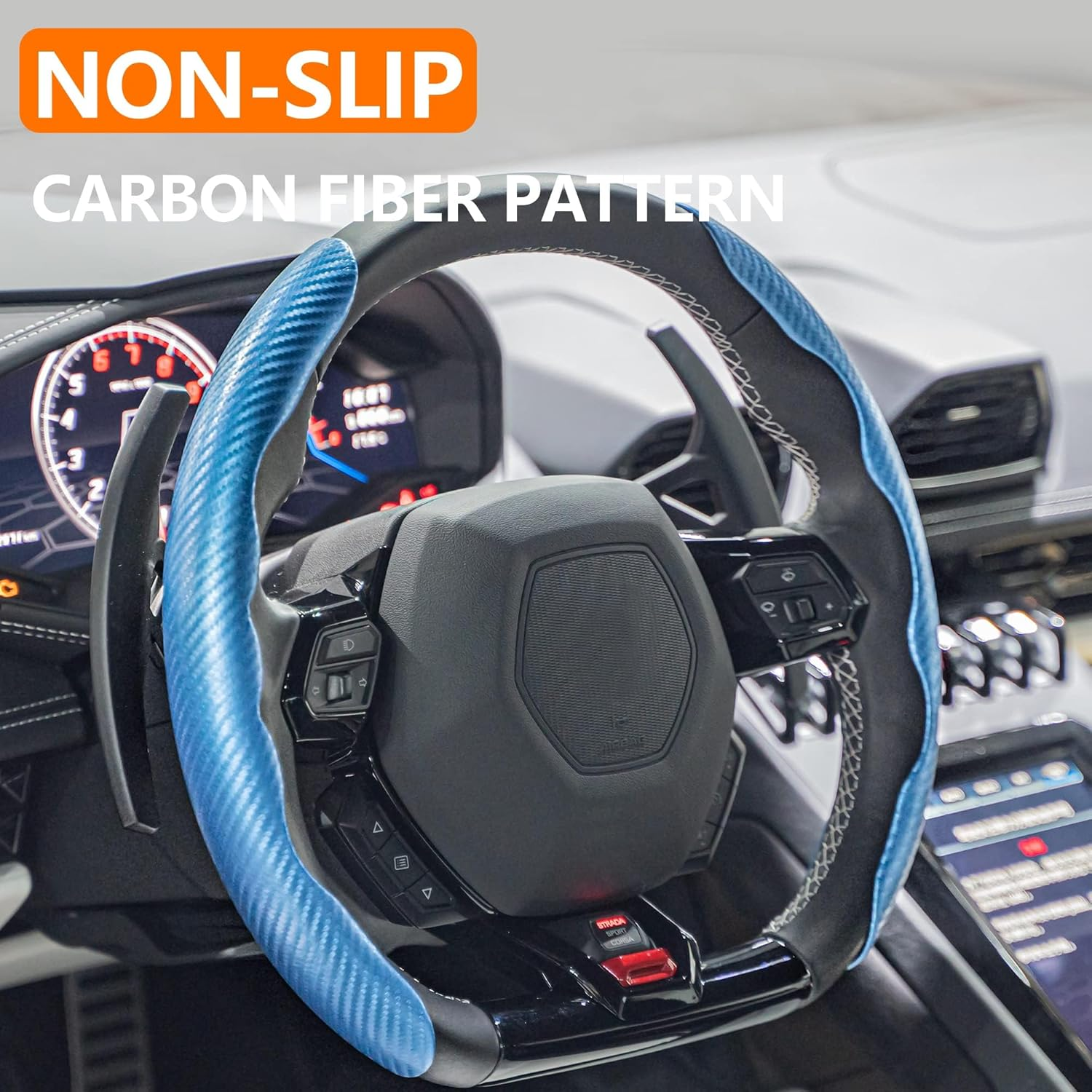 Carbon Fiber Steering Wheel Cover, Men'S and Women'S Safe and Non Slip Car Accessory,15-Inch Universal Auto Steering Wheel Cover, Steering Accessories for Car,Great Gifts (Blue) image number 5