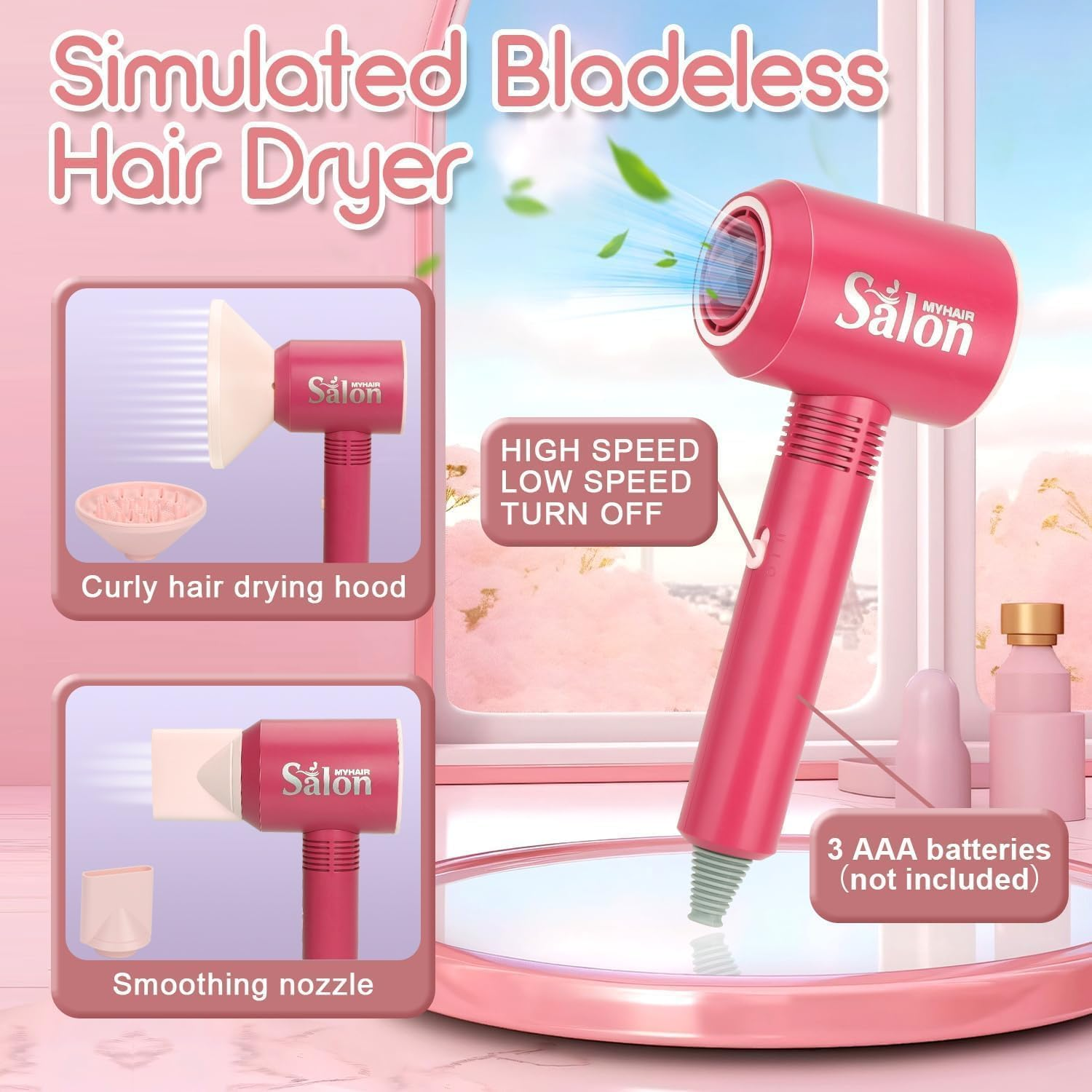 22Pcs Girls Hair Salon Toys, Kids Beauty Salon Set with Pretend Play, Pretend Play Hair Salon Stylist Toy Kit with Barber Apron, Hair Dryer, Mirror, Scissors image number 3