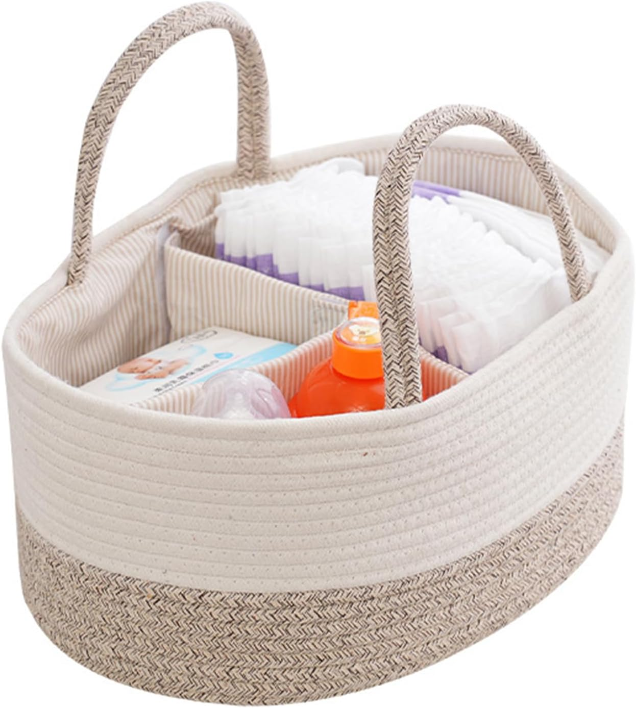 Large Baby Diaper Caddy Organizer for Girl Boy Rope Nursery Storage Bin Basket Portable Holder Tote Bag for Changing Table Car Travel Baby Shower Gifts Newborn (White and Beige) image number 4