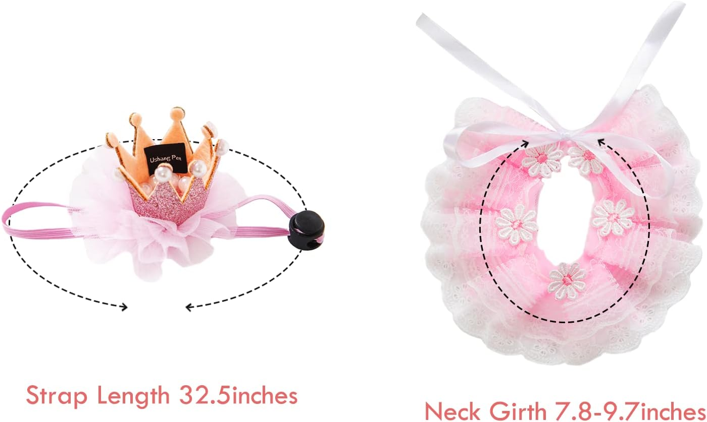 4Pcs Cat Birthday Crown Hat for Cats & Cat Lace Bandana Pink Princess Costumes for Cats Birthday Party & Pink Happy Birthday Crown Banner & Crown Cake Toppers with NO. 0-10 image number 4