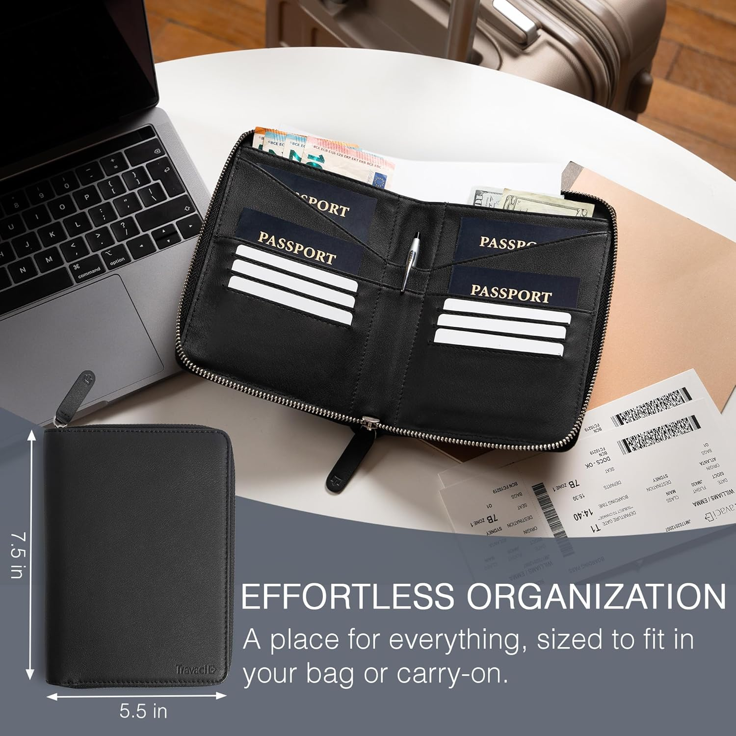 Full Grain Leather Family Passport Holder for 2-4 Passports - RFID Passport Holder and Travel Document Organizer - Large Leather Travel Wallet for Couples and Families, Black, Full Grain Leather image number 2