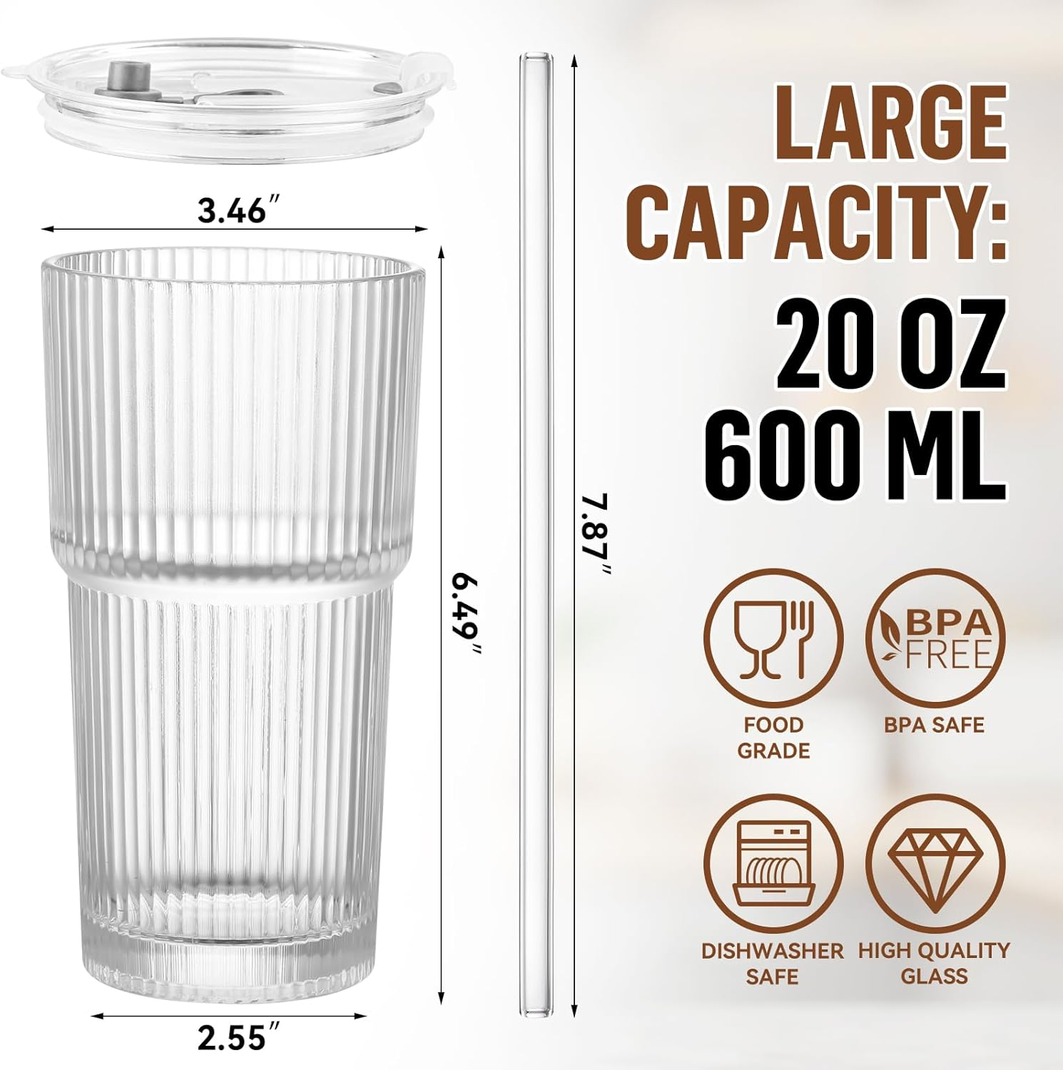 20 Oz Ribbed Glass Cup with Lid and Straw, Glass Tumbler with Straw and Lid, Vintage Glassware for Whiskey Cocktail Beer, Iced Coffee Cups with Lid (1 Pack) - 2 Glasses + 2 Straws + 2 Lids image number 7