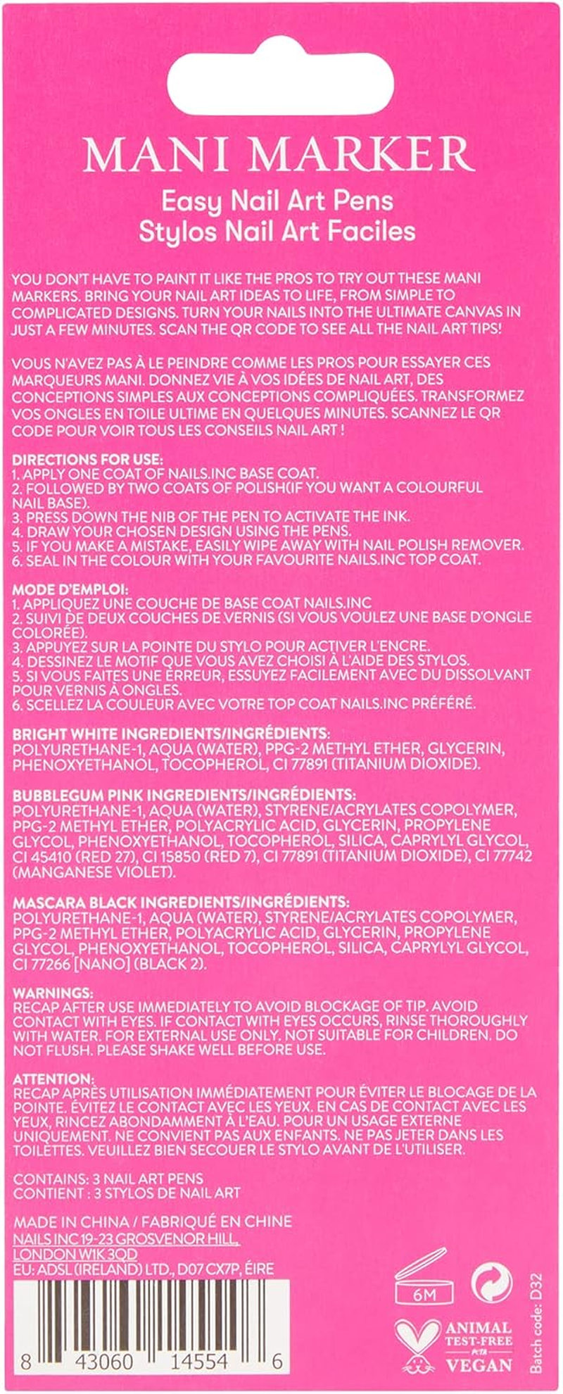 Nails.Inc Mani Marker Trio, Easy to Use Nail Polish Art Pen with Precision Tip, Quick Drying, Cruelty Free, Vegan, Includes Bright White, Bubblegum Pink and Mascara Black image number 3