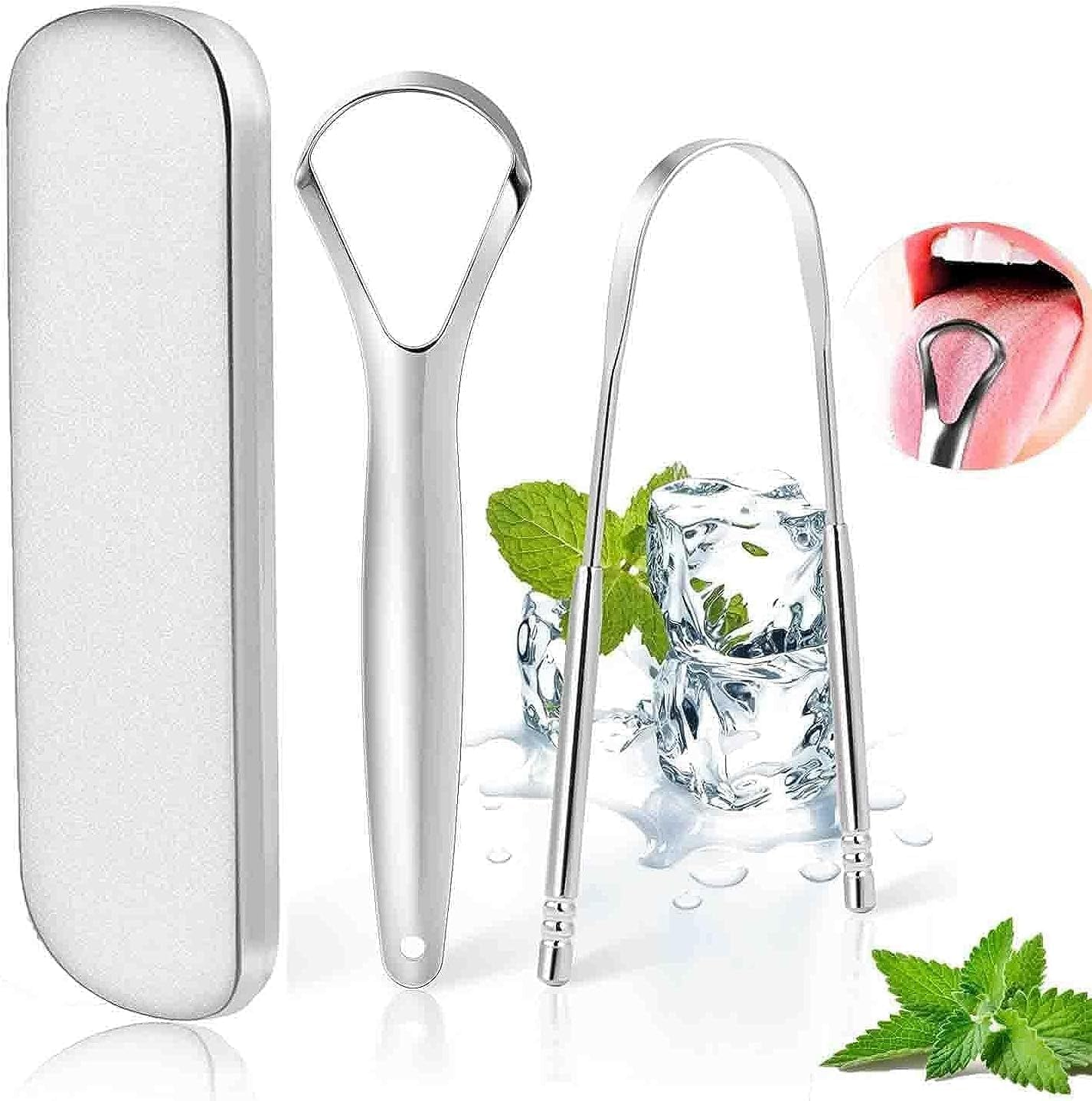 Stainless Steel Metal Tongue Scraper - Tongue Scraper for Adults, Professional Tongue Brush for Oral Care, Improve Bad Breath and Fresh Breath, with Metal Storage Box - 2 Pack image number 3