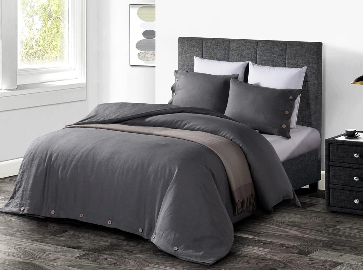 Meadow Park Stone Washed Pure Linen Duvet Cover Set 3 Pieces, Queen 90 Inches X 94 Inches- Shams 20 Inches X 26 Inches, Coconut Shell Button Closure - Corner Ties - Super Soft, Charcoal