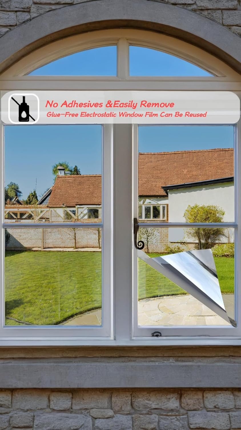 Honwor Premium Silver Daytime Privacy Window Film - Non-Adhesive Reflective Mirror Tint for Home and Office - Sun Blocking Glass Film - Size: 23.6X39.4 Inches