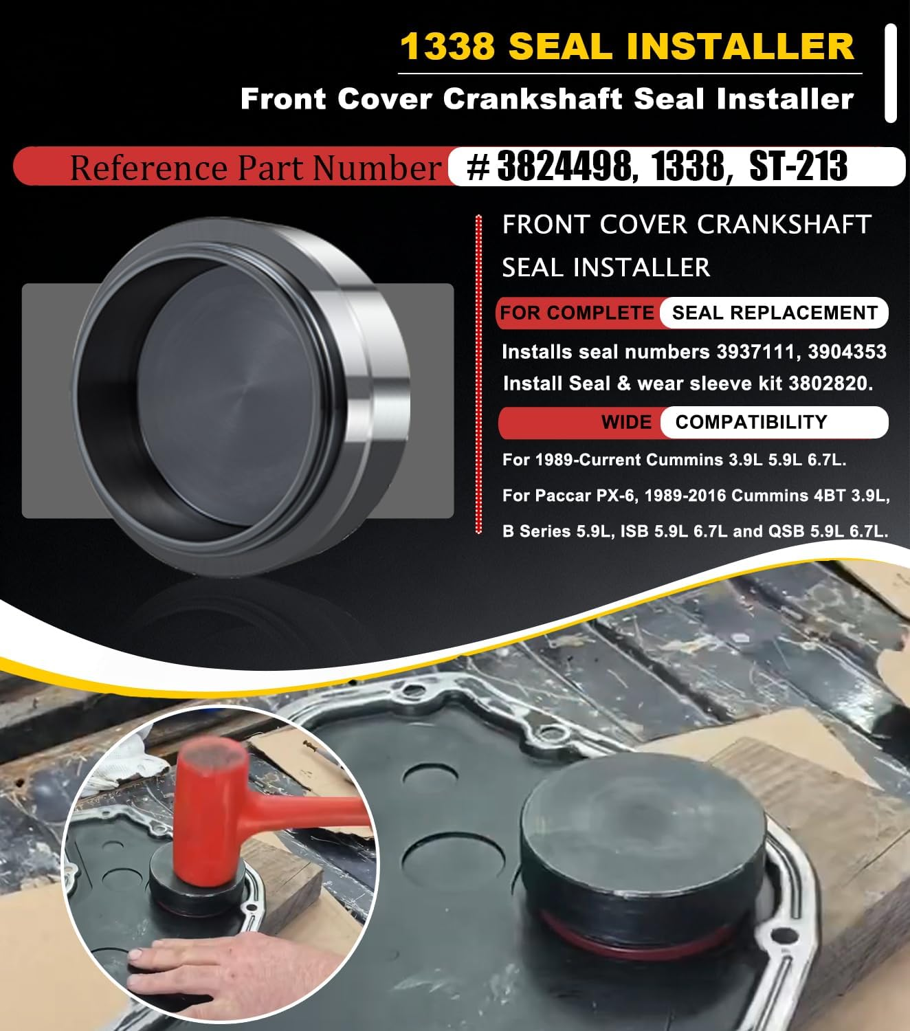 1338 Front Cover Crankshaft Seal Installer &5046 Wear Sleeve Installer Tool Kit for Dodge Cummins 3.9L 5.9L 6.7L Replace OE 1338/3824498, 5046/3824500 image number 3