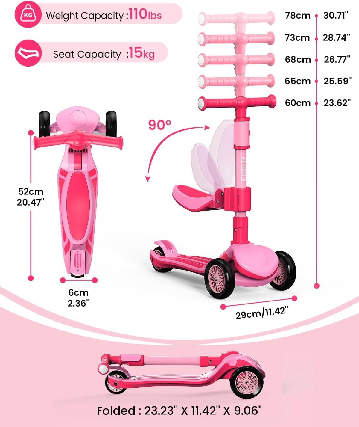 2-In-1 Adjustable Kick Scooter for Kids 3-12 Years,5-Level Handlebar & Removable Seat,Led Light-Up Wheels,Steering Control & Wide Deck,Foldable Design for Indoor/Outdoor Use, (Girls & Boys) image number 1