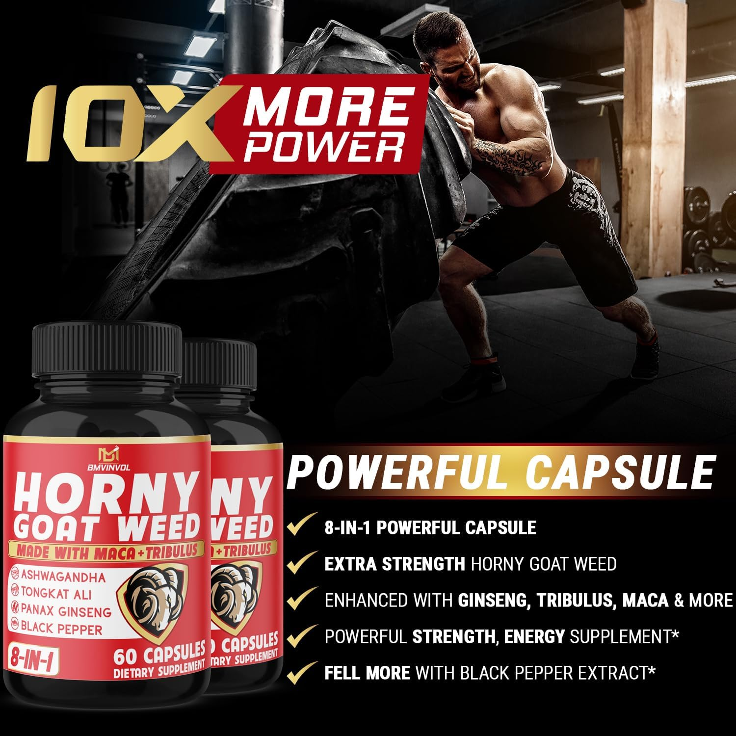 (2 Packs) Horny Goat Weed Capsules with Maca, Tribulus, Ginseng, Ashwagandha, Tongkat Ali - 120 Capsules image number 6