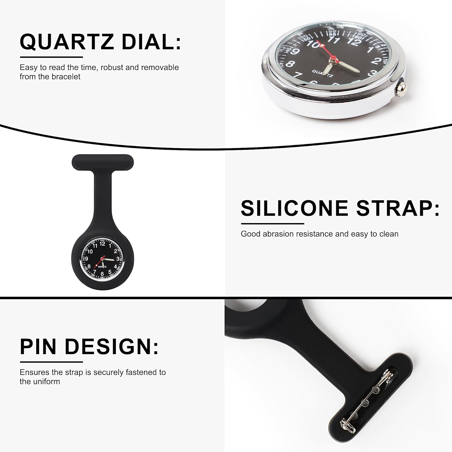 JUNART 2Pcs Nurse Watch Brooch Silicone Band with Pin Clip Luminous Hand, Detachable Fob Watch Easy to Sanitise for Hospital Nurse Doctor, Clinic and on the Go image number 6