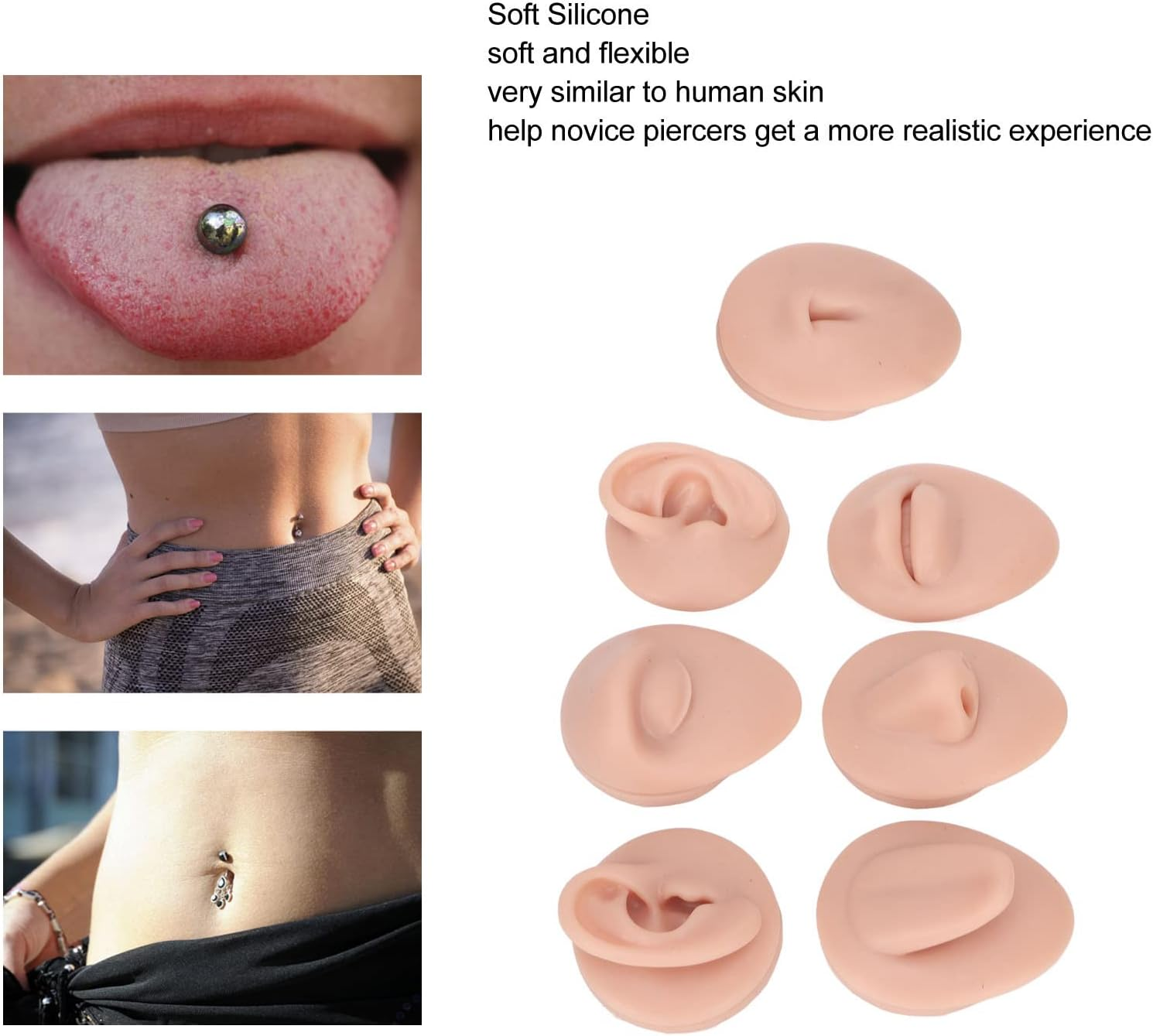 Body Piercing Practice Model, Simulation Ear Model Mouth Belly Button Model 3D Reusable Silicone for Novice (Medium Skin Color)