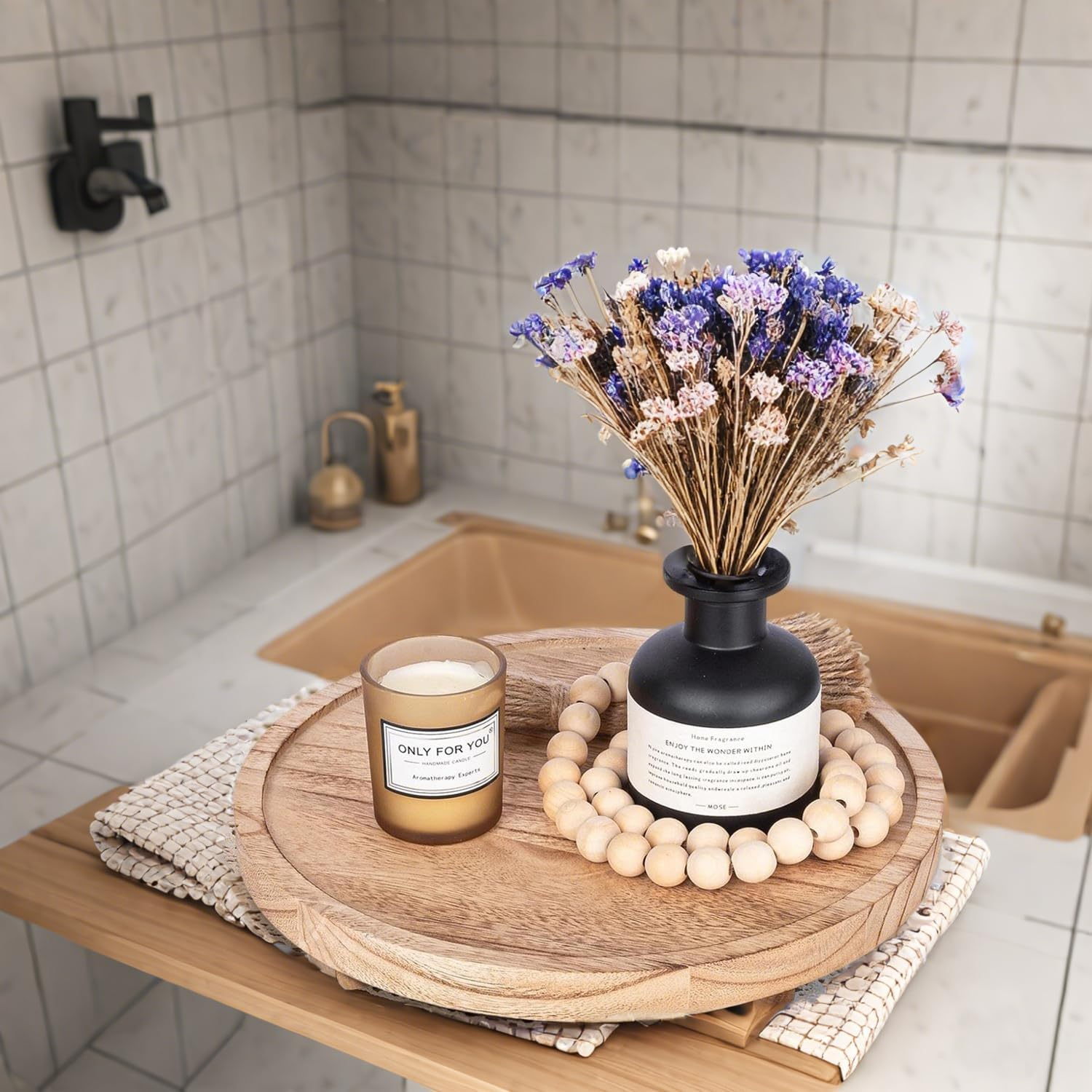 Delsol round Decorative Tray Wood Kitchen Counter Organizer,Farmhouse Bathroom Home Decor,Rustic Trays for Dinning Table Candle Holder-10Inch image number 2