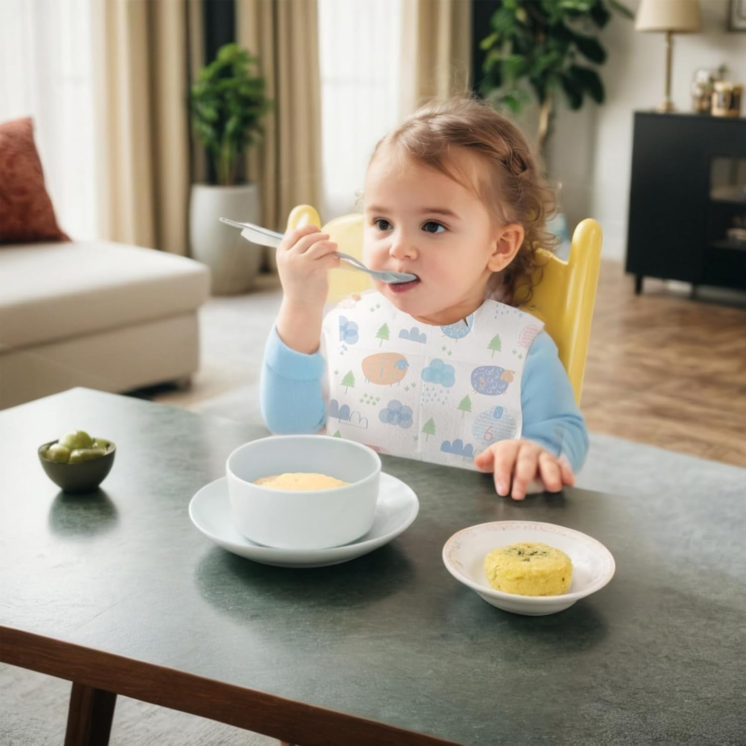 30 Pcs Bibs Individually Wrapped for Toddlers, Leak-Proof,Feeding Essentials,Soft Absorbent for Messy Mealtimes, Cute Graffiti Sheep Design image number 1