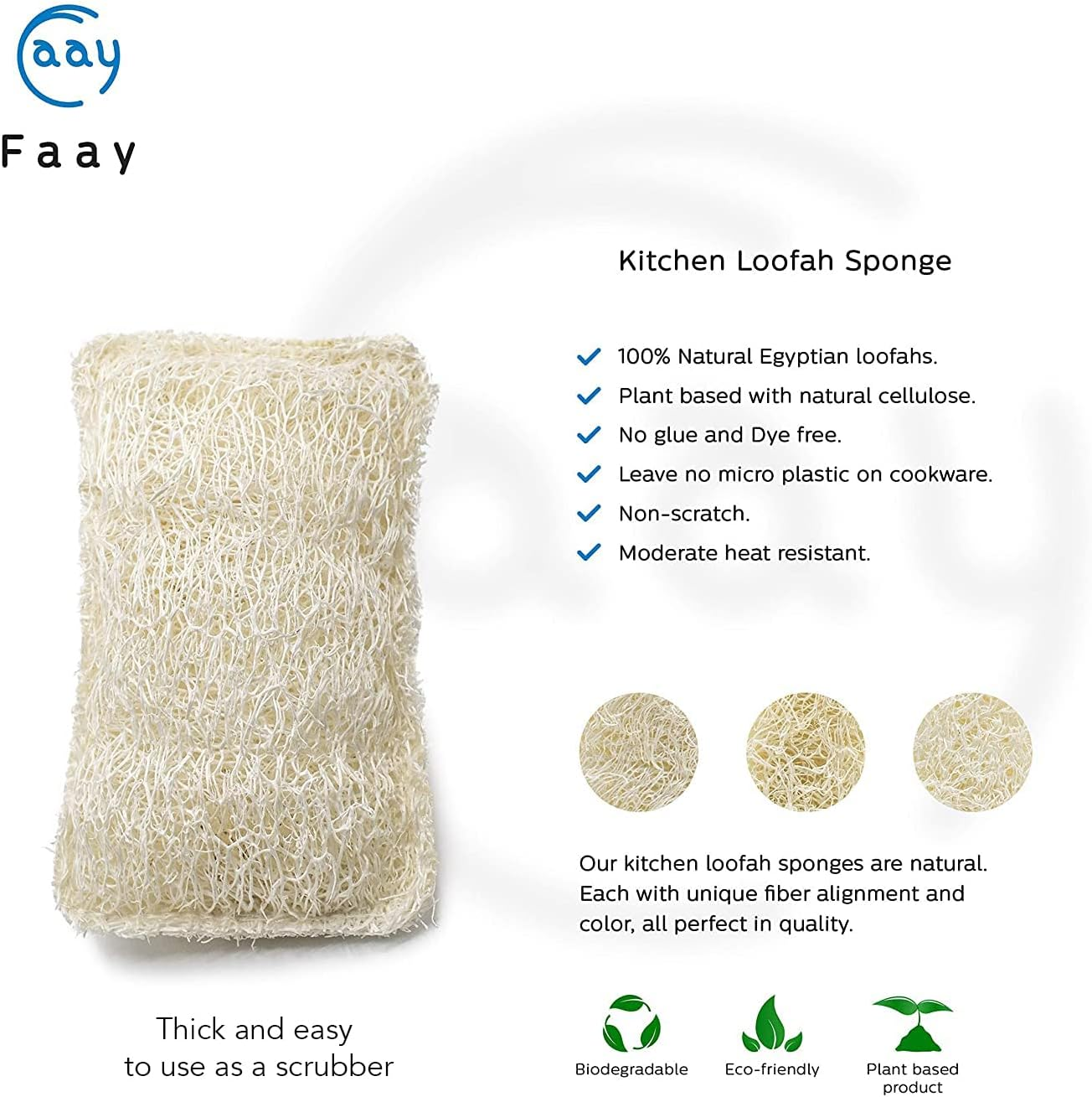 FAAY Eco Friendly Sponges for Dishes, Multi-Purpose Non-Scratch Loofah Scrubber for Cookware, Kitchen, Bathtub and Body, Handmade Unbleached Luffa Fiber, Natural, Biodegradable, Compostable & No Smell image number 3