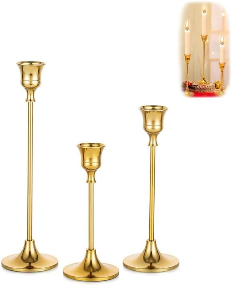 Taper Candle Holders Set,Vintage Modern Decorative Candlestick Holders for Home Decor, Dining, Party, Wedding(Gold,3Pcs)