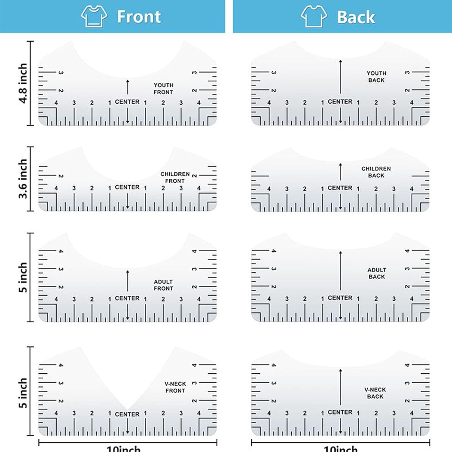 9Pcs Tshirt Ruler Guide for Vinyl Alignment,Pvc Tee Measurement Template,Front and Back Measurement for Cricut Heat Press HTV Heat Transfer Vinyl,T-Shirt Ruler Guide Alignment Tool to Center Vinyl image number 4