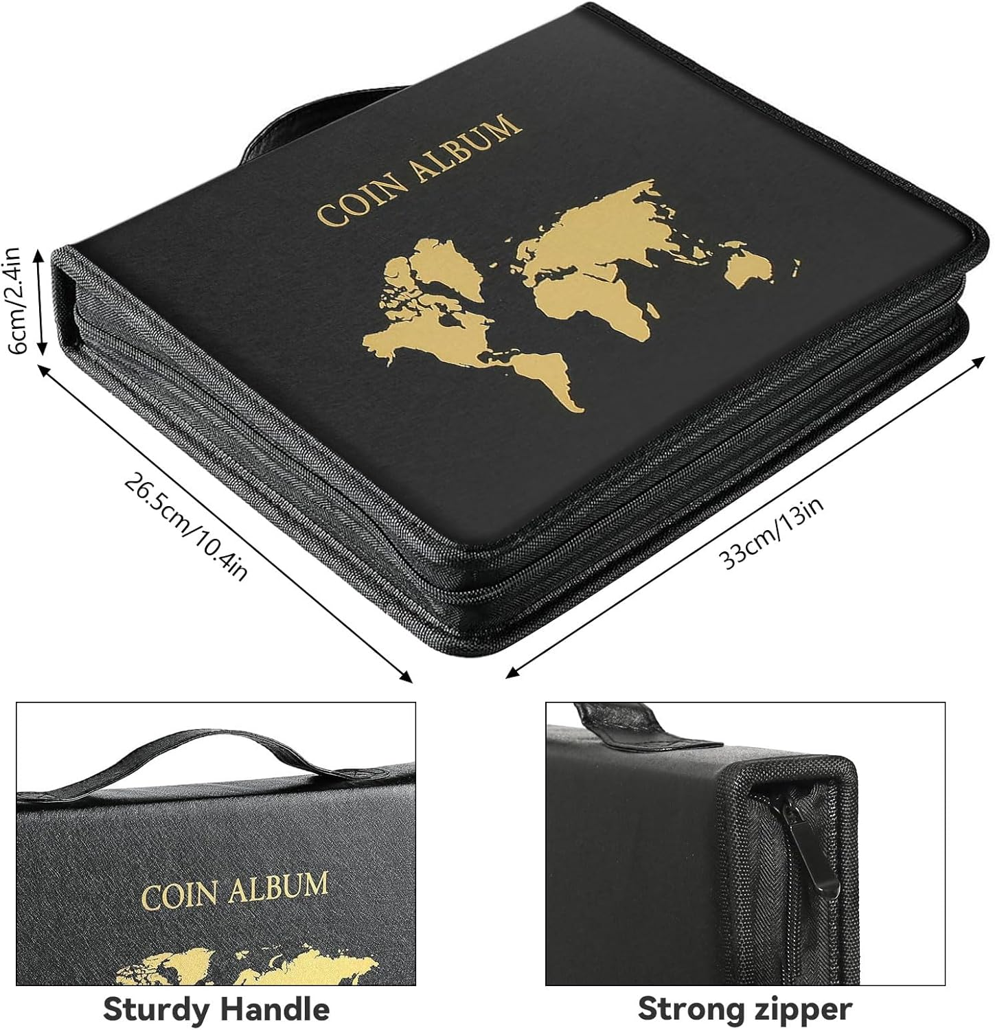 World Map Coin Collection Album for Collectors Holder, Expandable Coin Storage Book with Secure Zipper and Handy Handle Coin Storage Case Box for Coin Collection Holder, 260 Coin & 30 Bill Sleeves image number 5