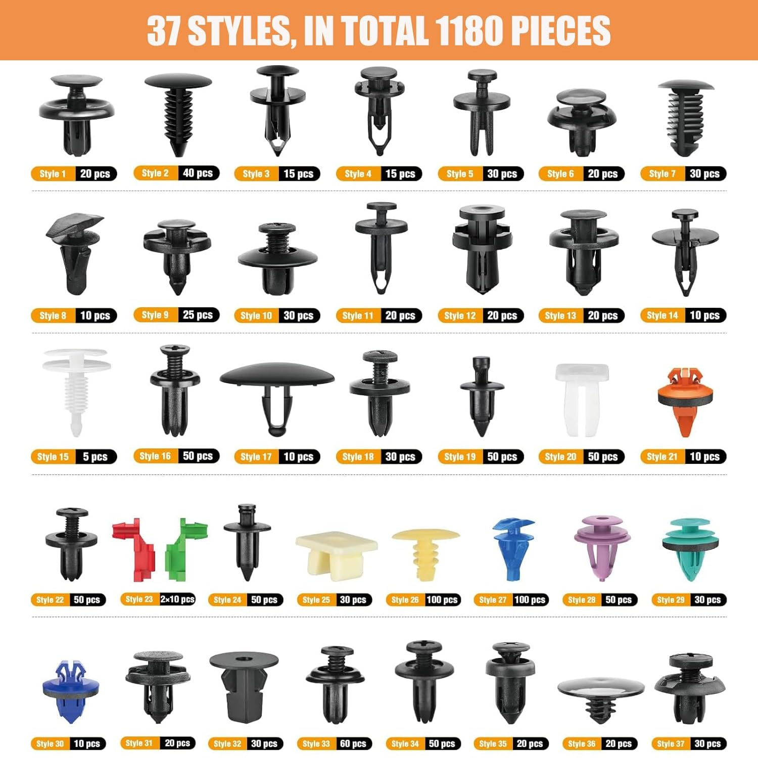 1295Pcs Car Push Retainer Clips & Auto Fasteners Assortment,Body Clips Fasteners Kit 37 Most Popular Sizes Fender Rivets Clips with 5 Removal Tools,10 Cable Ties for Bumper,Fender,Door Trim image number 1