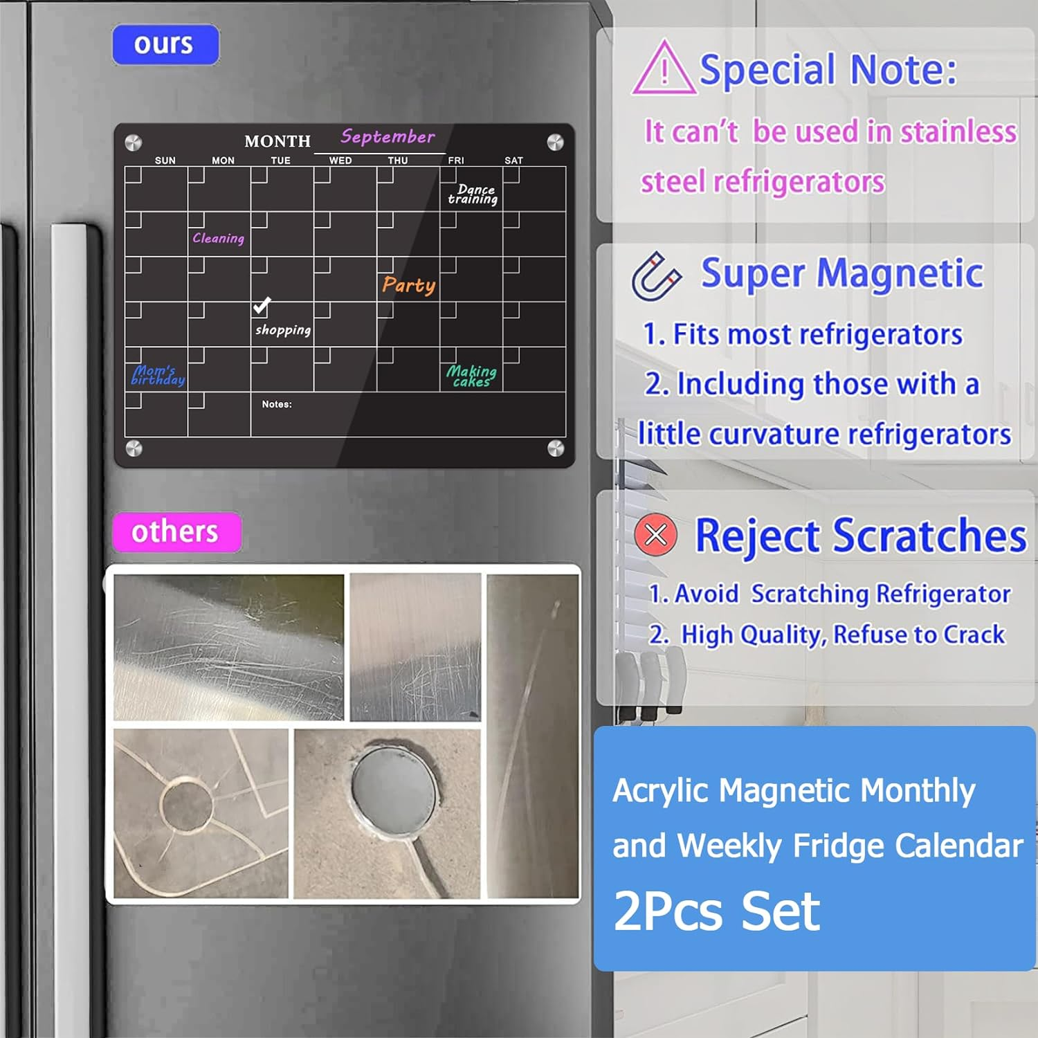 Acrylic Fridge Calendar for Refrigerator Monthly and Weekly Magnetic Planner Board Reusable Planner Board Organiser Board for Kitchen 2PCS Planning Boards Black image number 6