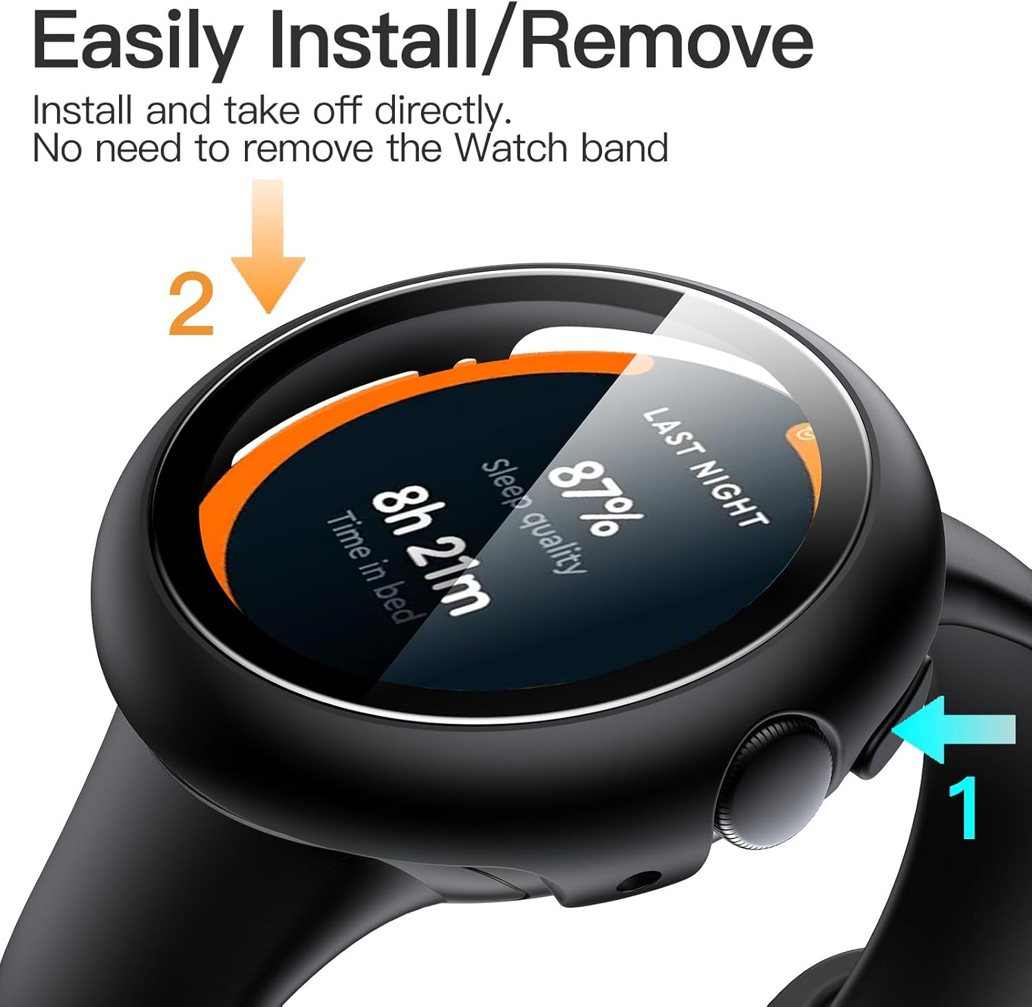 Jetech Case with Screen Protector for Google Pixel Watch 3/2/1 41Mm, Built-In 9H Tempered Glass Film Hard PC Bumper Full Coverage Protective Cover, 2-Pack (Black/Black) image number 6