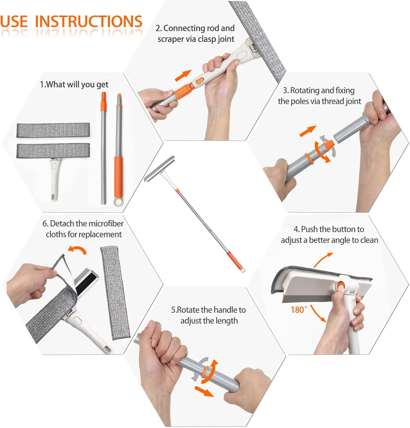 JEHONN Telescopic Window Squeegee Cleaning Equipment Kit 120 Cm 2 in 1 Extendable Window Cleaner Tool, Scraper and Scrubber Combo with 180 Degrees Rotation Head for Home Windows Glass Cars (Orange) image number 4