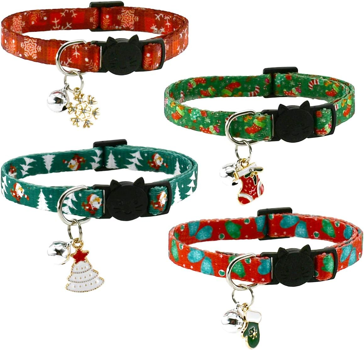 Cooshou Christmas Cat Collar Set - Xmas Cat Adjustable Breakaway Collars with Bells & Charms 4Pcs per Set image number 2