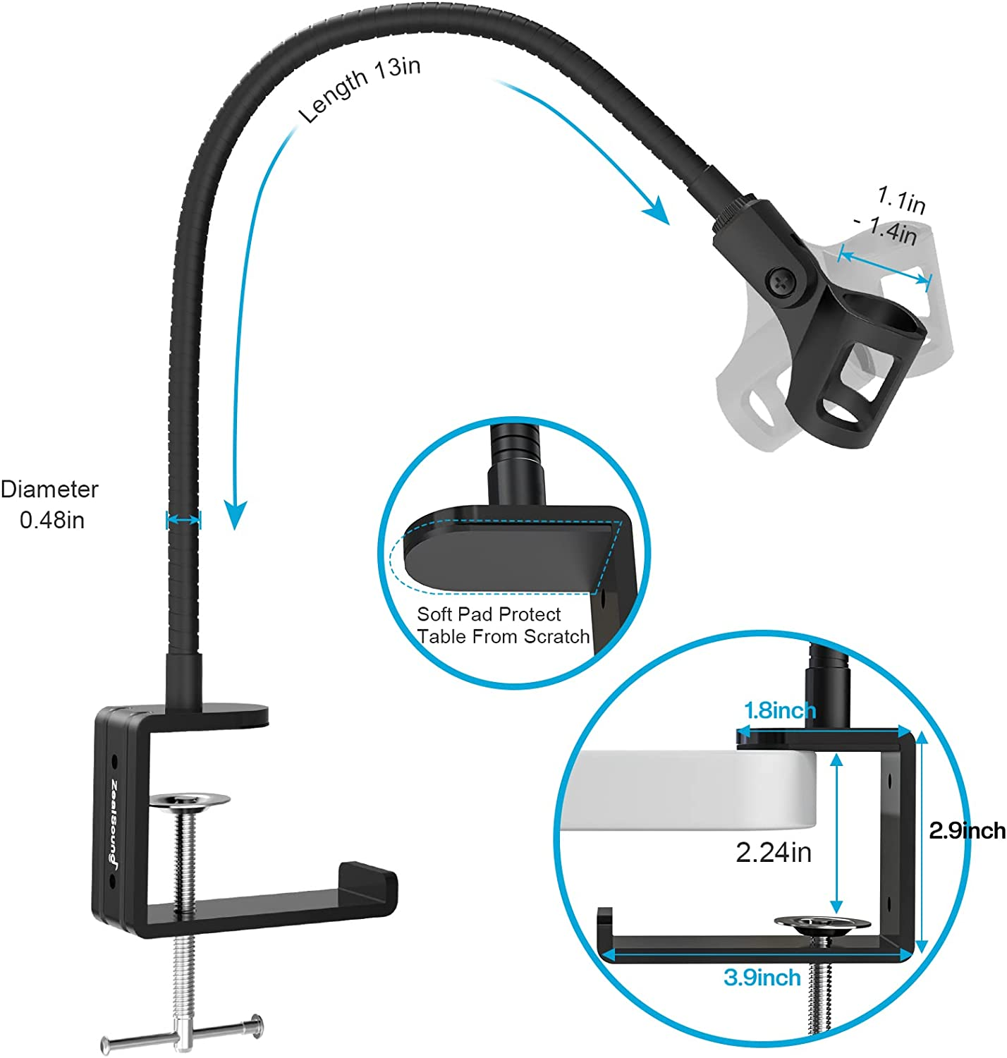 Zealsound Microphone Stand,Flexible Gooseneck Desktop Mic Stands Holder with Heavy Duty Desk Clamp,3/8" to 5/8" Screw Adapter Include 360 Adjustable Compact Mic Arm for Blue Snowball Ice Spark (Black) image number 6