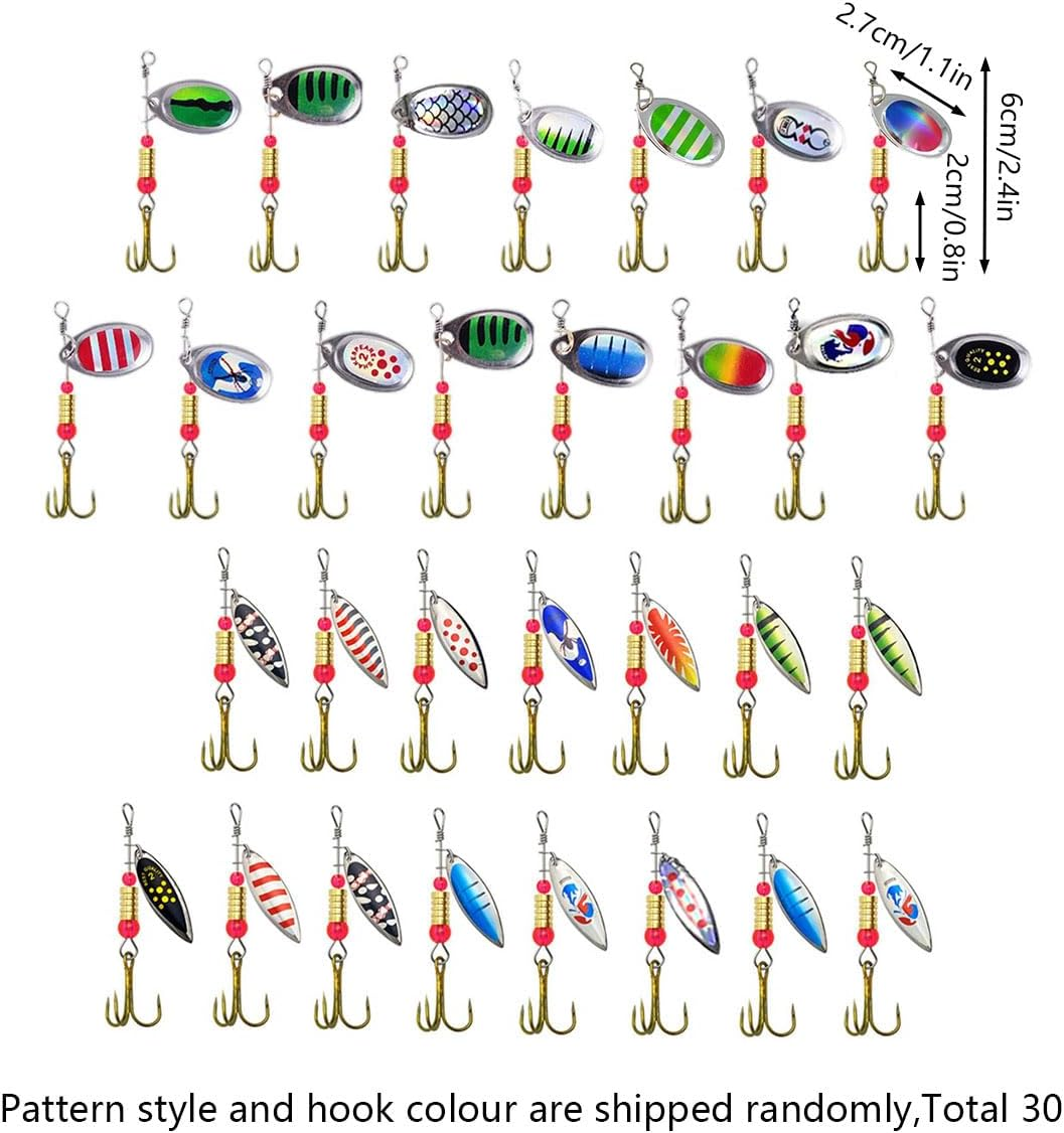 AIMALL 30PCS Spinner Fishing Lure Set with Treble Hooks 2.4In Metal Spoon Baits for Bass Trout Salmon Pike &ndash; Random Colourful Patterns in Tackle Box