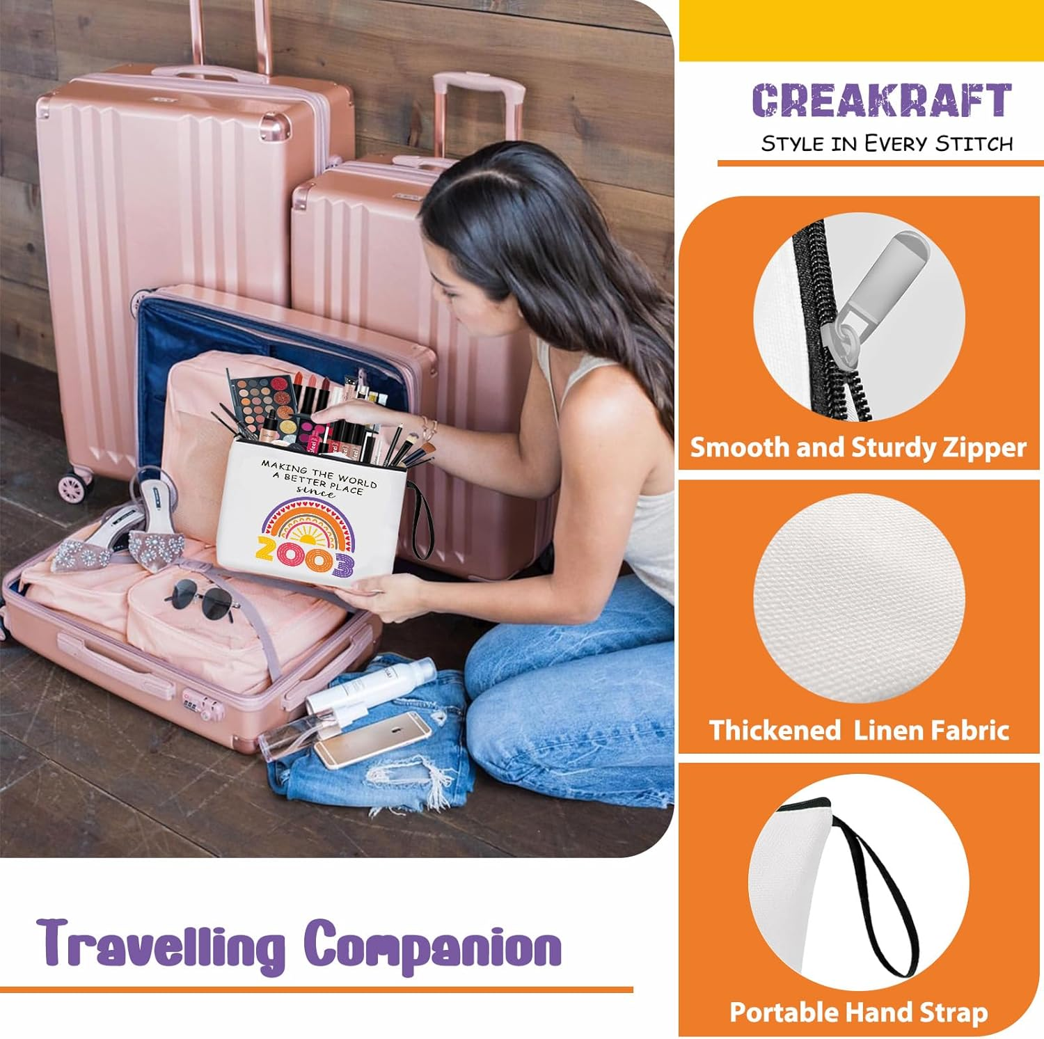 21Th Birthday Gifts Ideas for Her Makeup Bags, Women, Teenage Girls Stuff, Girls, Friends, Daughter, Christmas, Funny 2003 Themed Cosmetic Travel Pouch 21-Year-Old Birthday Decorations, White, 2003 image number 1