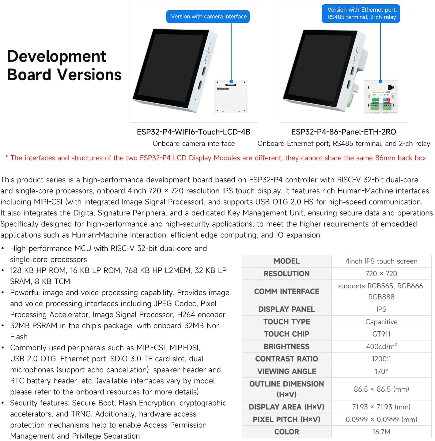 Waveshare ESP32-P4 Smart 86 Box with External Camera Support, Featuring Dual-Core and Single-Core RISC-V Architecture, Onboard 4-Inch 720&times;720 Pixel 5-Point Touch LCD, Po-Wered by ESP32-P4 Chip image number 4