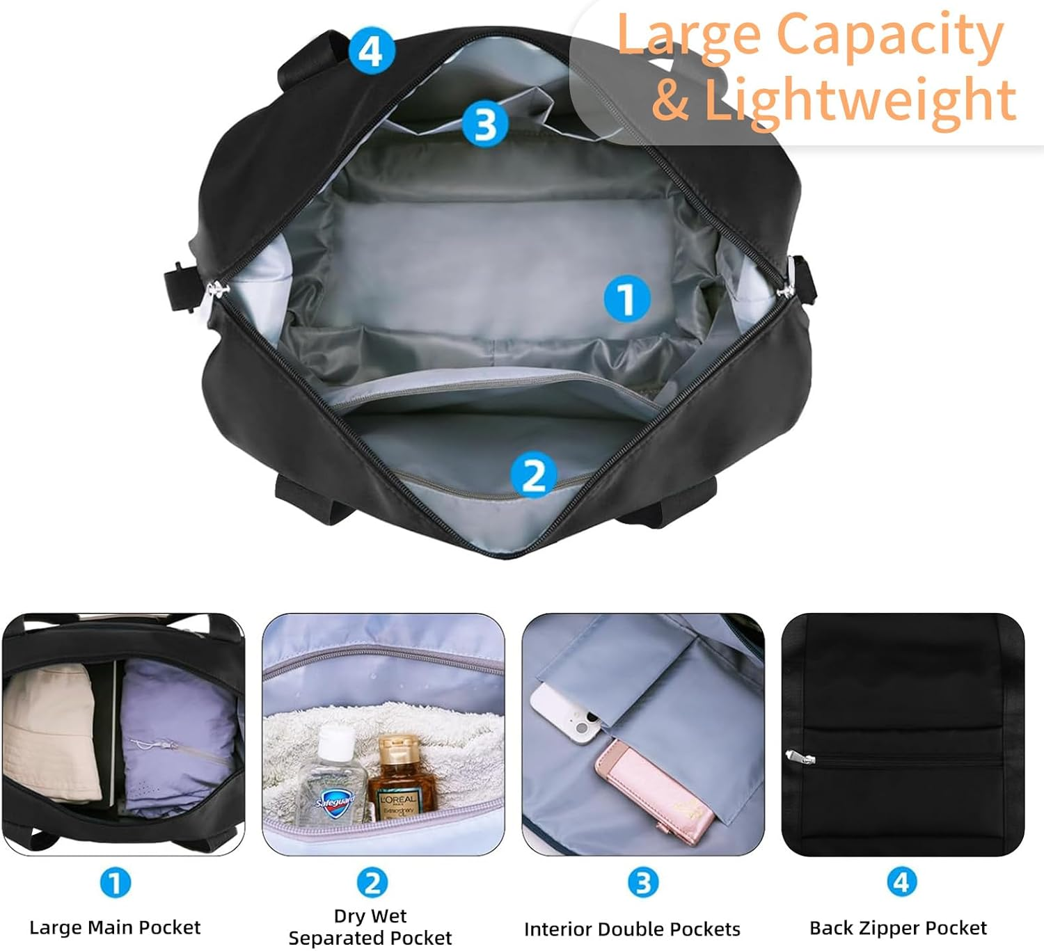 WALNEW Large Folding Gym Tote Bag for Women Men, Travel Carry on Overnight Weekender Duffle Bag, Waterproof Lightweight Sports Duffel Bag with Wet Pocket, Black - Klein Blue image number 6