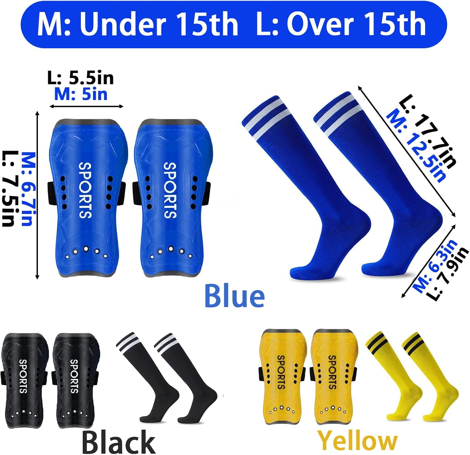 BLAZDEVE 3Pairs Football Shin Guards and Sleeves for Kids Youth, High Elastic Long Soccer Sock Sleeves + Shin Pads, Kids Football Socks for Boys and Girls Leg Calf Protective Gear (M under 15Th) image number 2