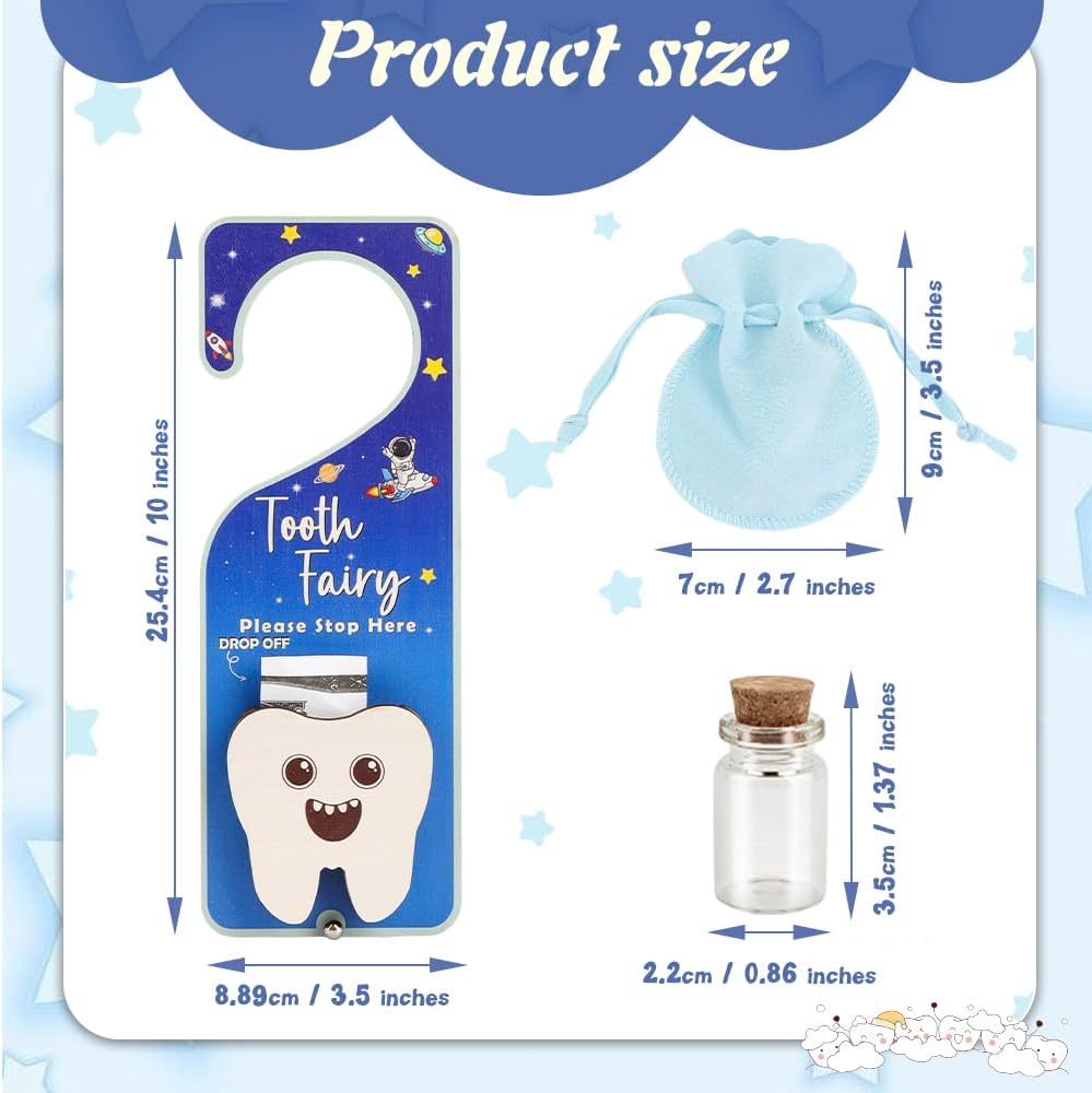 WALLFID 3Piece Set,Tooth Fairy Tooth Holder,Tooth Fairy Door Hanger,Keepsake Bottle & Velvet Bag for Lost Teeth,Encouraging Gift for Boys and Girls. (Astronaut)