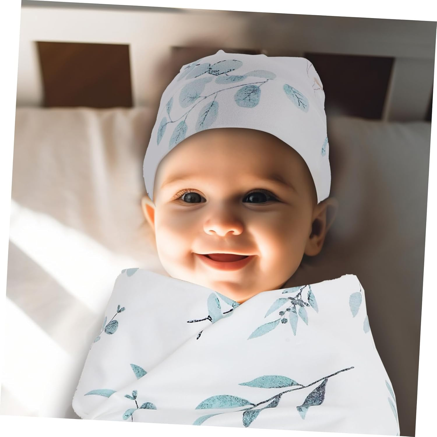 Newborn Swaddle Blanket with Hat Headband Soft Polyester Boy Girl Receiving Blanket with Name Sign Eucalyptus Leaves Design for Photography And image number 1