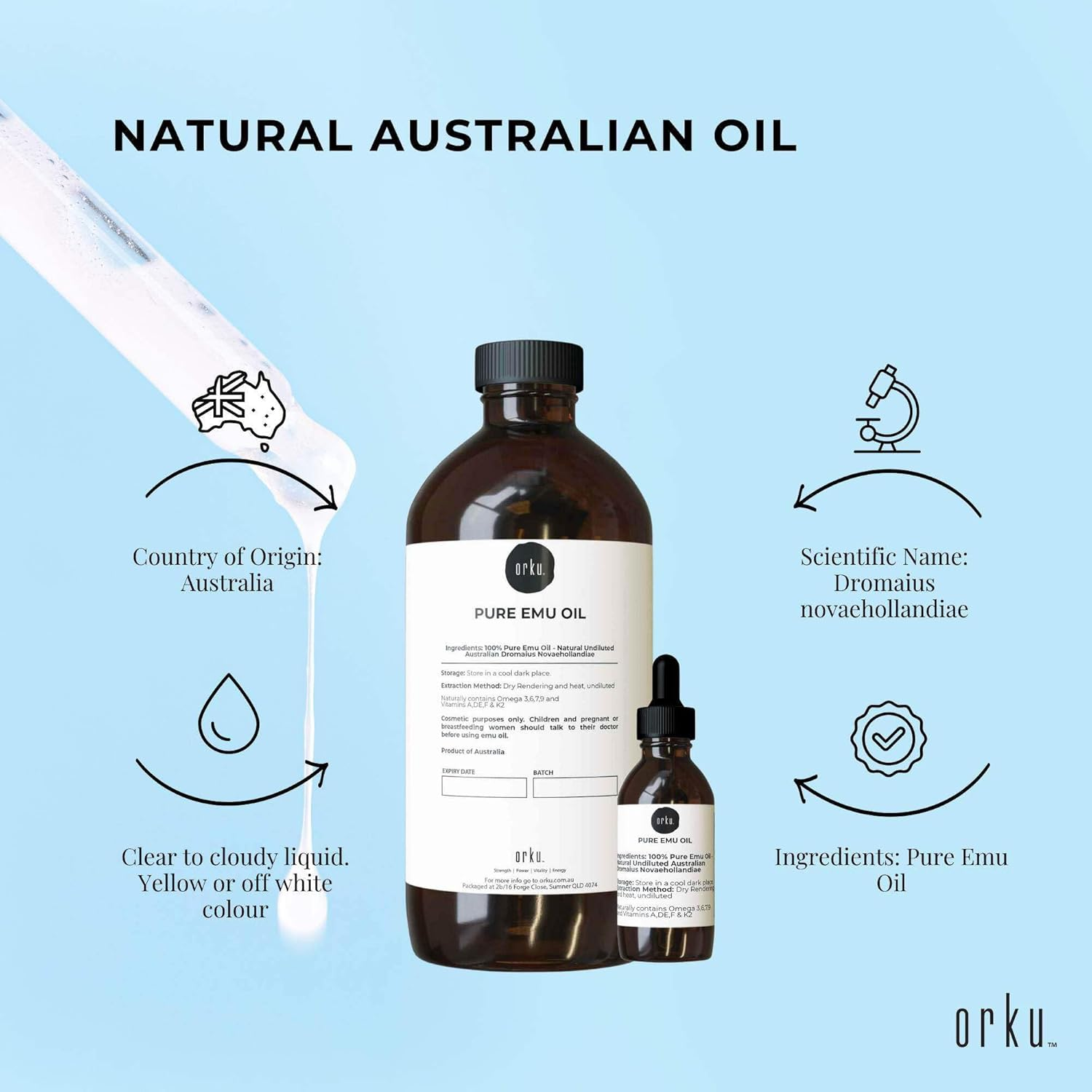 Orku 1L Pure Emu Oil + Bonus 25Ml Bottle - Australian Dromaius Novaehollandiae image number 4