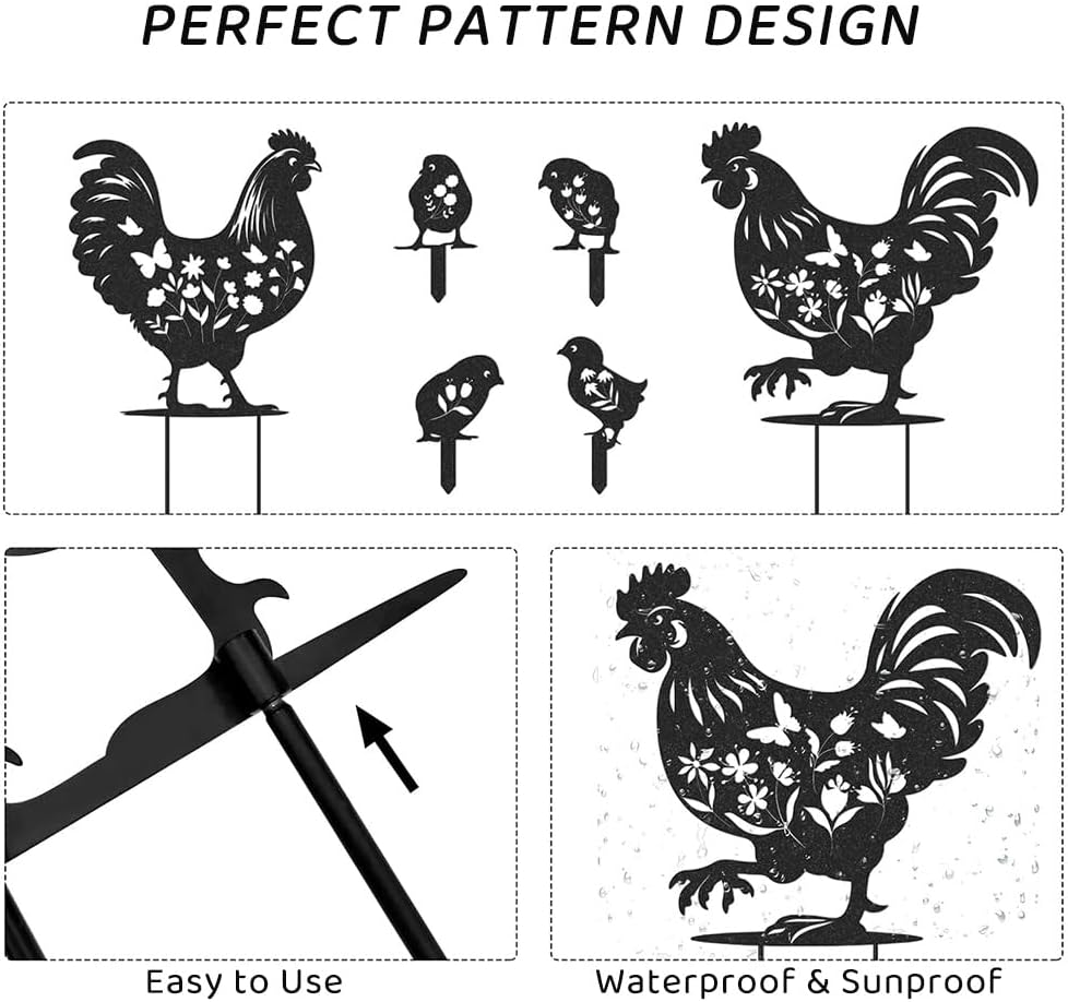 Black Metal Rooster Garden Statues &ndash; 6PCS Chicken Yard Art, Durable Outdoor Decor for Lawn, Patio, and Farmhouse. Lifelike Hen and Rooster Silhouette Stakes image number 4