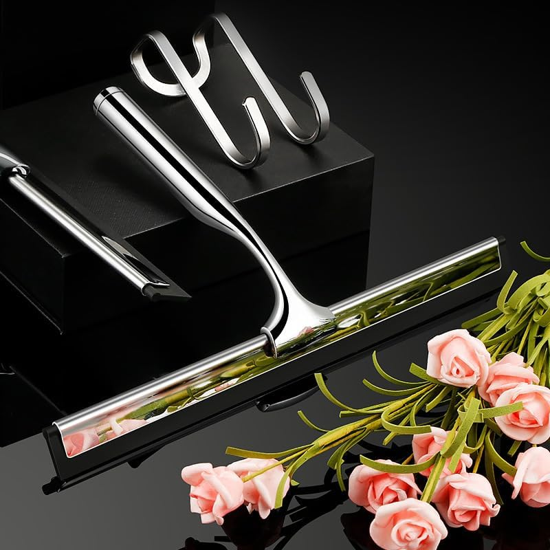 Shower Squeegee Stainless Steel Shower Wiper Shower Scraper with Hanging Hooks, Window, Car Mirror and More (Silver, One Size) image number 1