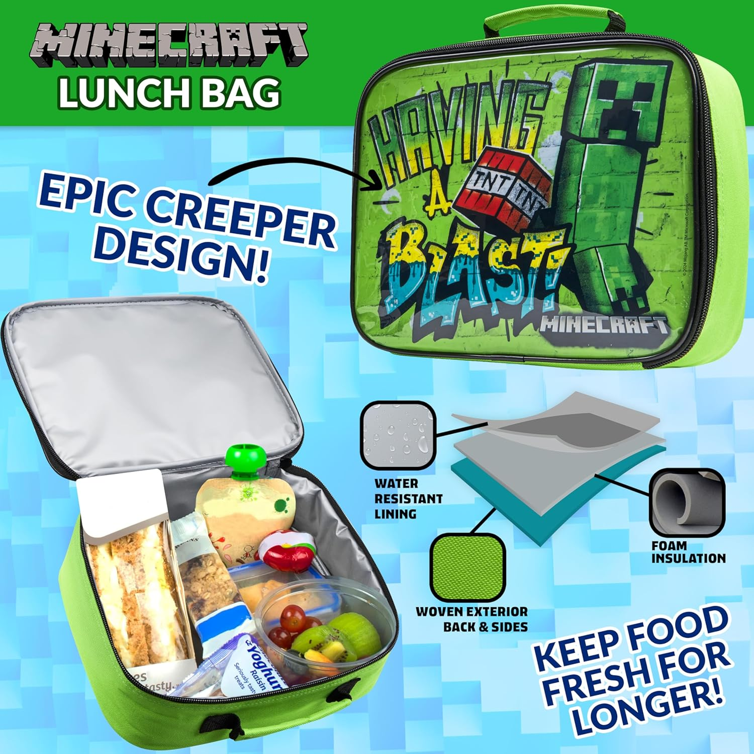 Minecraft Insulated Kids Lunch Bag Lunch Box and Kids Water Bottle 420Ml, 3 Piece Set for School or Travel, Gamer Gifts image number 3