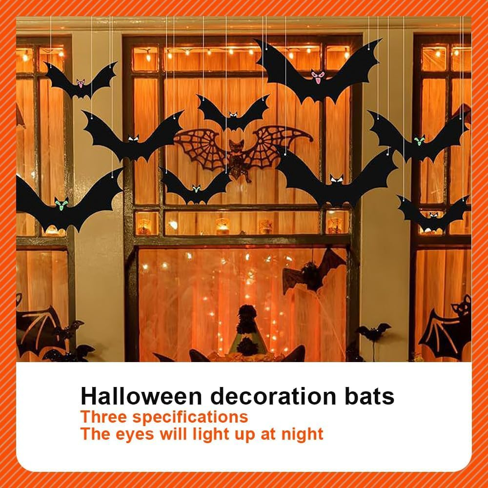 18 PCS Halloween Hanging Bat Decorations: Luminous Eyes & 3D Realistic Scary Styles, 3 Different Sizes Large Fake Black Flying Bats for Yard, Party, Indoor & Outdoor Lawn Decorations image number 1