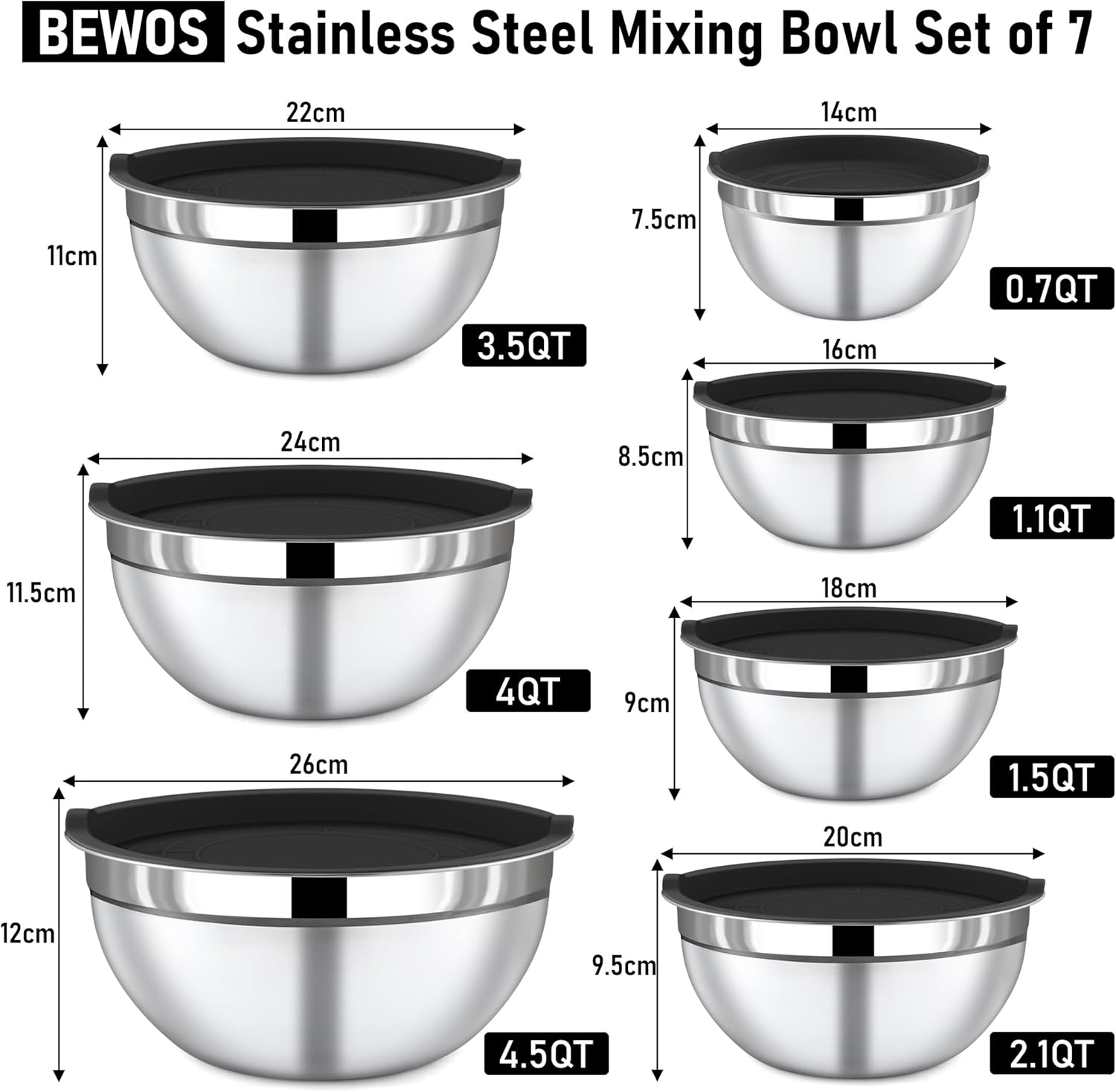 BEWOS 7-Piece Stainless Steel Mixing Bowl Set with Lids - Nesting Bowls for Space Saving, Dishwasher Safe, Sizes 0.84, 1.32, 1.80, 2.52, 4.20, 4.80, 5.40 QT for Mixing & Serving
