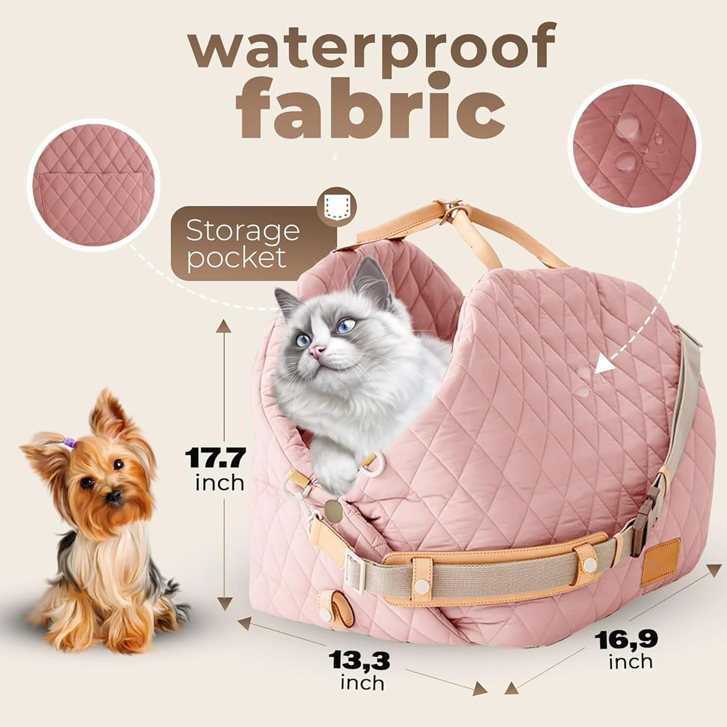 BDZBREN 3-In-1 Dog Car Seat for Small Pets 0-18Lbs，Portable Carrier, Travel Bed with Safety Leash | Waterproof, Machine Washable, Anti-Slip Base (Pink, L)