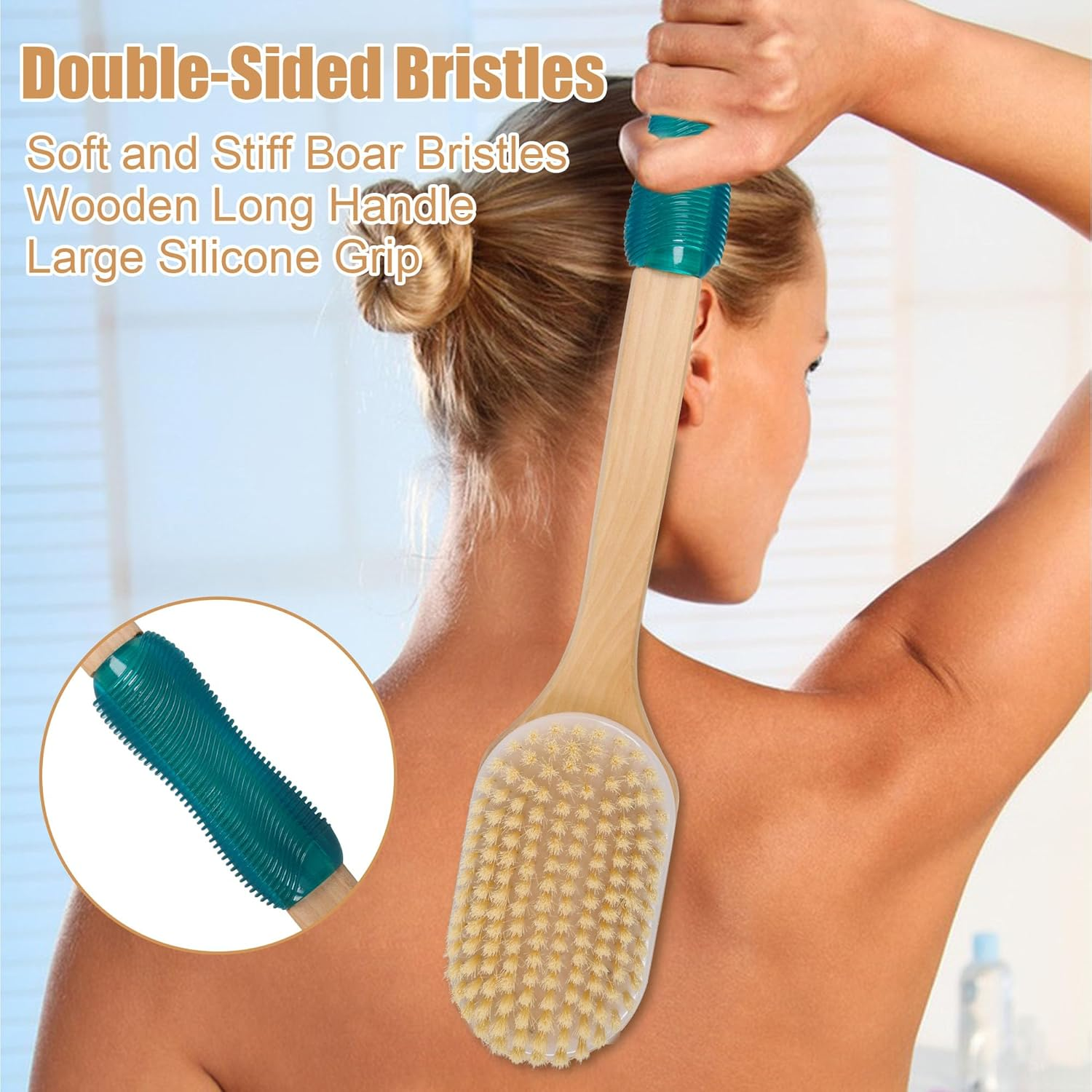 OWIIZI Back Scrubber for Shower with Soft and Stiff Boar Bristles Dual-Sided Wooden Long Handle Antiskid Body Bath Brush for Back Use Wet or Dry,Deep Cleanse Large Surface Back Scrub Brush image number 4