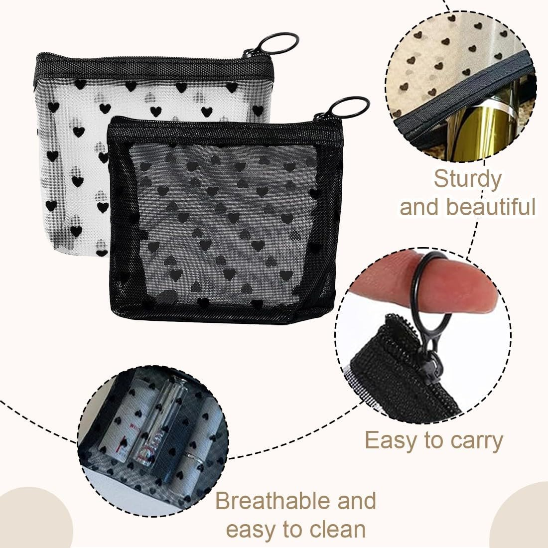 JYNXOR Set of 4 Mini Make-Up Bags, Mini Cosmetic Bag, Net Cosmetic Bags, Mini Mesh Bags with Zip, Make-Up Zip Pockets for Lipstick, Headphones image number 5