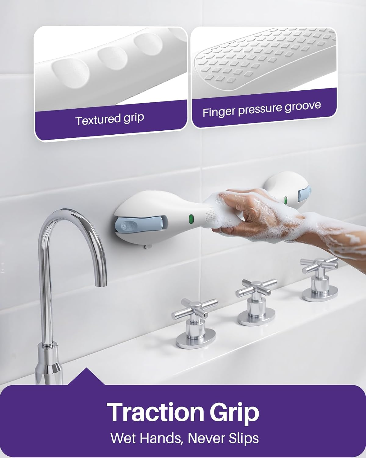 KEKOY 17.5 Inch Suction Grab Bars for Bathtubs and Showers with Indicator 2 Pack- Heavy Duty Safety Shower Handle for Seniors and Elderly, Handicap Bars for Bathroom, No Drilling and Removable, Blue - Purple image number 3