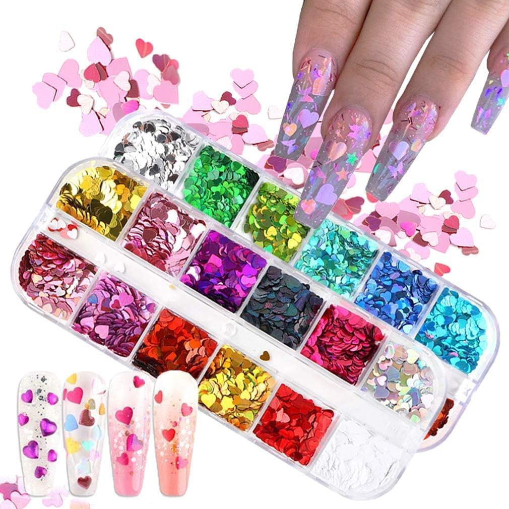 2 Pack Heart Nail Glitter Sequins, 24 Colors Holographic Nail Confetti 3D Laser Nail Flakes Valentine'S Day Nail Art Stickers for Nail Art Decoration and Makeup（Multicolored） image number 2